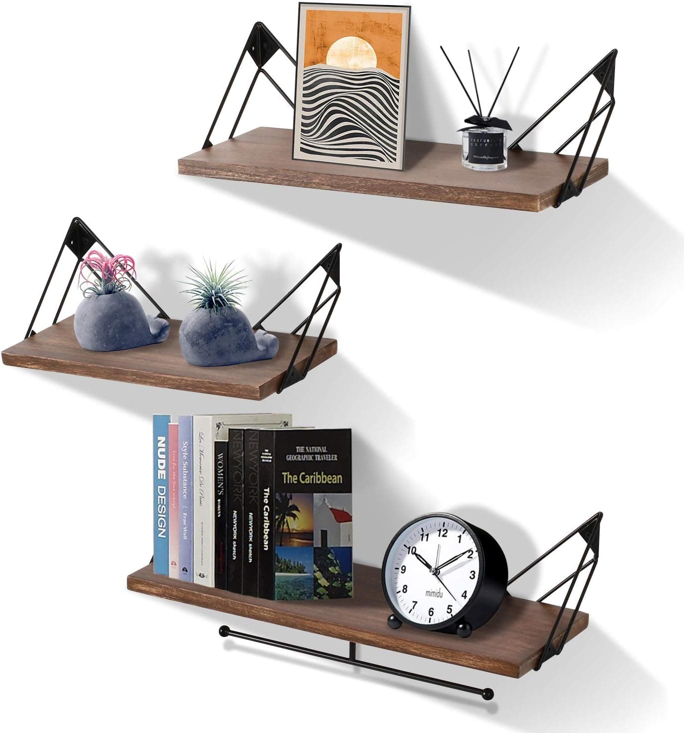 simesove Floating Shelves Wall Mounted,Rustic Solid Wood Shelves for Bedroom,Bathroom,Kitchen,Wall Storage Shelves Set of 3 (Walnut Color)