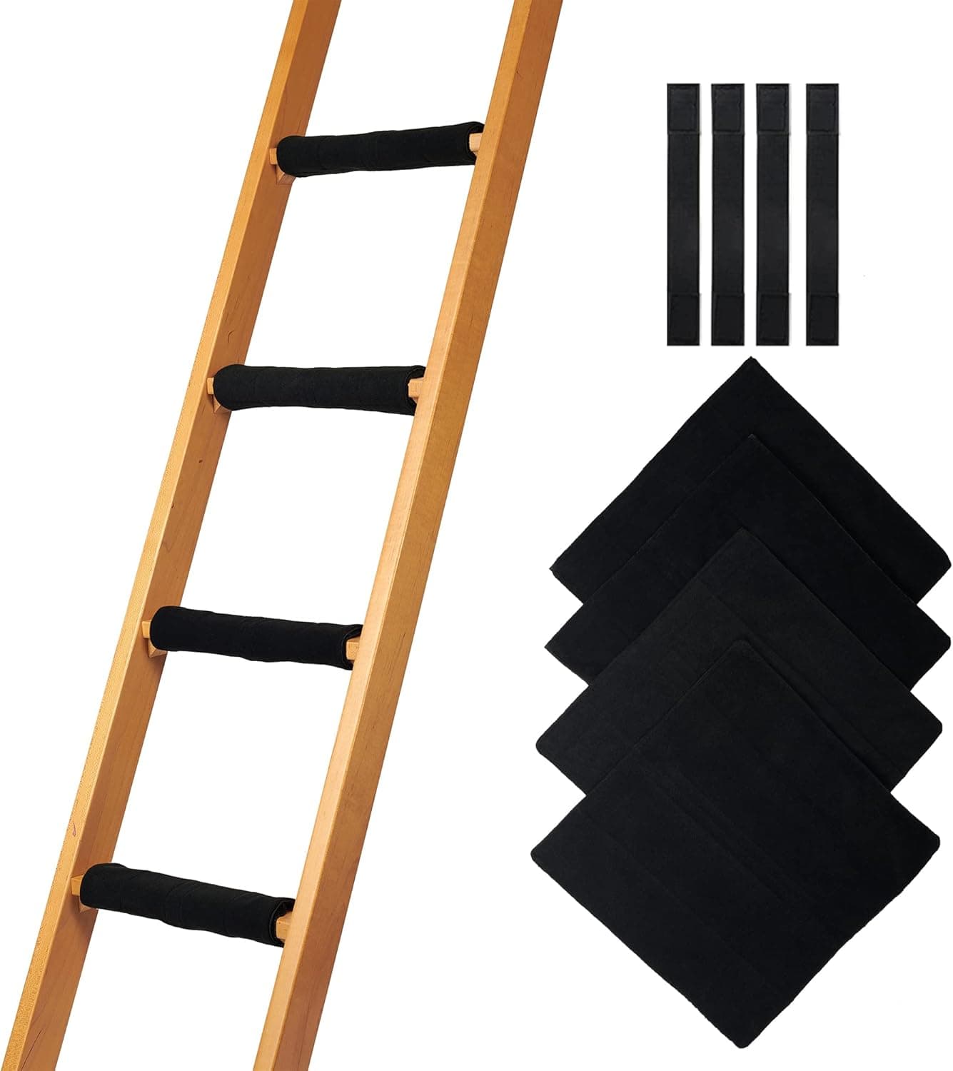 Hudson Comfort Bunk Bed Ladder Pads - Soft Brushed Fabric for Foot Comfort with Anti Slip Dots on Bottom - Strong Velcro and Adjustable Straps for a Tight Wrap - 10x10 Inch (Set of 4) (Black)