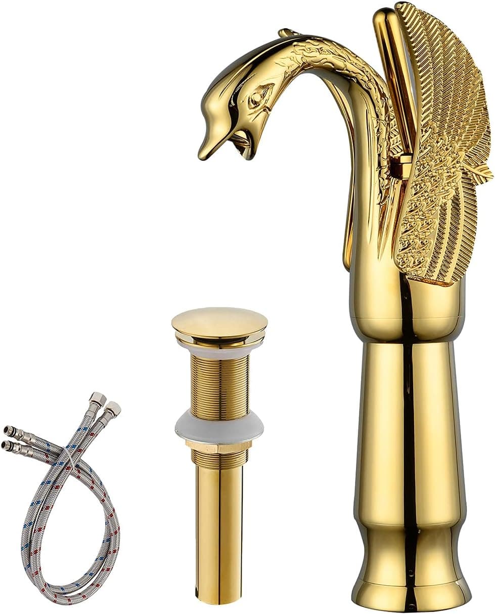 Greenspring Vessel Sink Bathroom Faucet Gold Swan Single Hole Single Handle with Pop Up Drain Without Overflow Aerator Spout Bowl Faucets Tall Body Supply Line Lead-Free