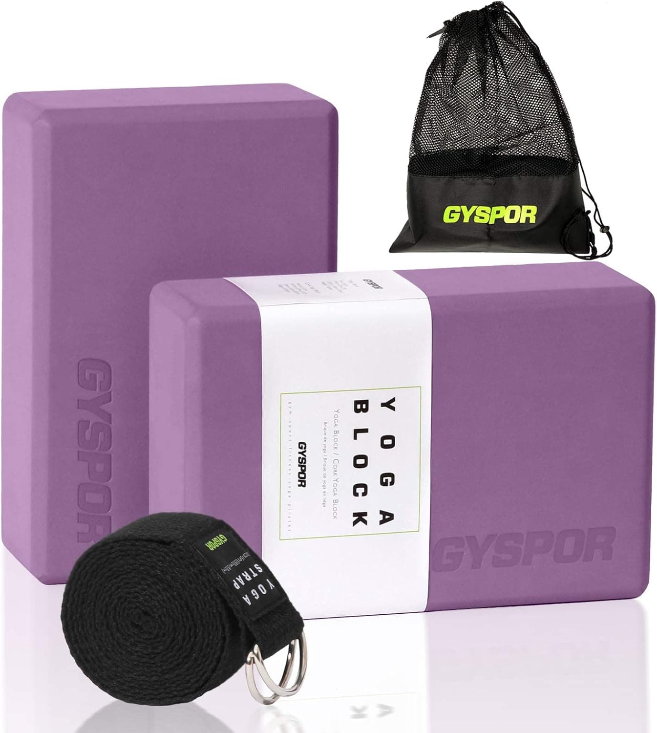 GYSPOR Yoga Blocks 2 Pack Set 9"x6"x3" with Yoga Strap and Sports Bag, Non-Slip Surface High Density EVA Foam Yoga Block for Pilates, Meditation, Exercise (Purple)