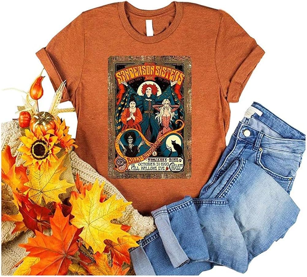 Women Sanderson Sisters Shirt Funny Halloween Graphic Shirt  Witches Hocus Pocus Fall O-Neck Short Sleeves Top Tees