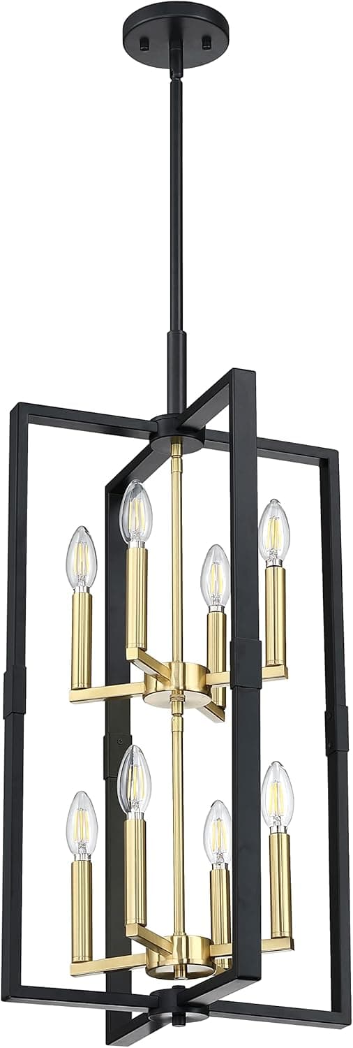 Dolaimy House 8-Light Farmhouse Rustic Vintage Gold Hanging Pendant Industrial Kitchen Island Semi Flush Mount Ceiling Light Black Finish Fixture for Dining Room Hallway Entryway Bedroom