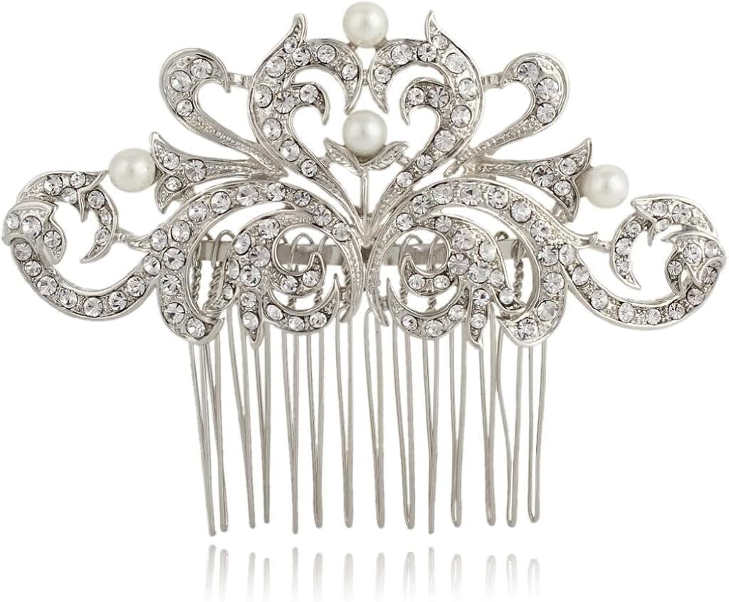 EVER FAITH Austrian Crystal Simulated Pearl Floral Leaf Heart Shape Hair Comb Clear