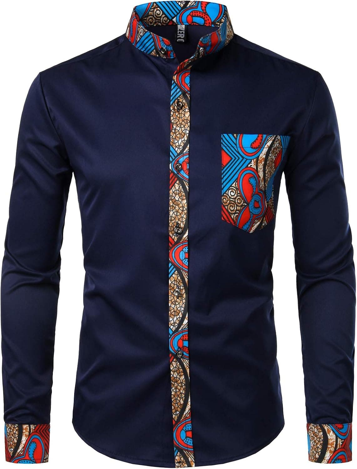 ZEROYAA Men's Hipster Patchwork Design Slim Fit Long Sleeve Button up Mandarin Collar Shirts