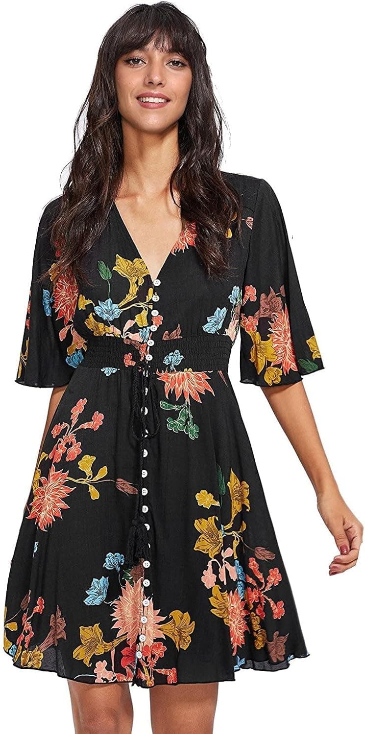 Milumia Women's Boho Button Up Split Floral Print Flowy Party Dress