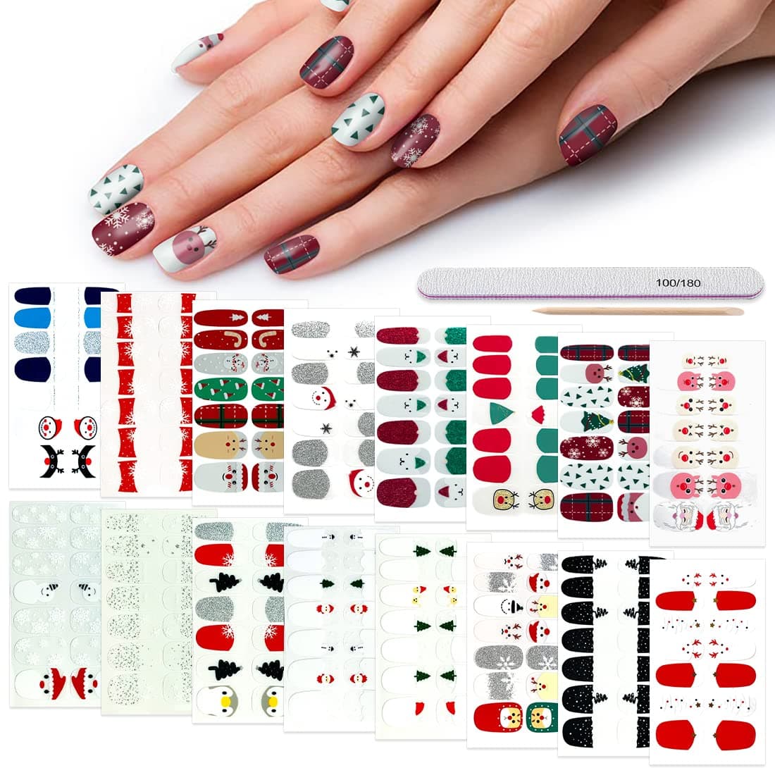 DANNEASY 224 Pieces 16 Sheets Christmas Nail Stickers Full Nail Wraps Nail Polish Strips Adhesive Nail Art Stickers for Women with Nail File, Cuticle Stick(Transparent Series)