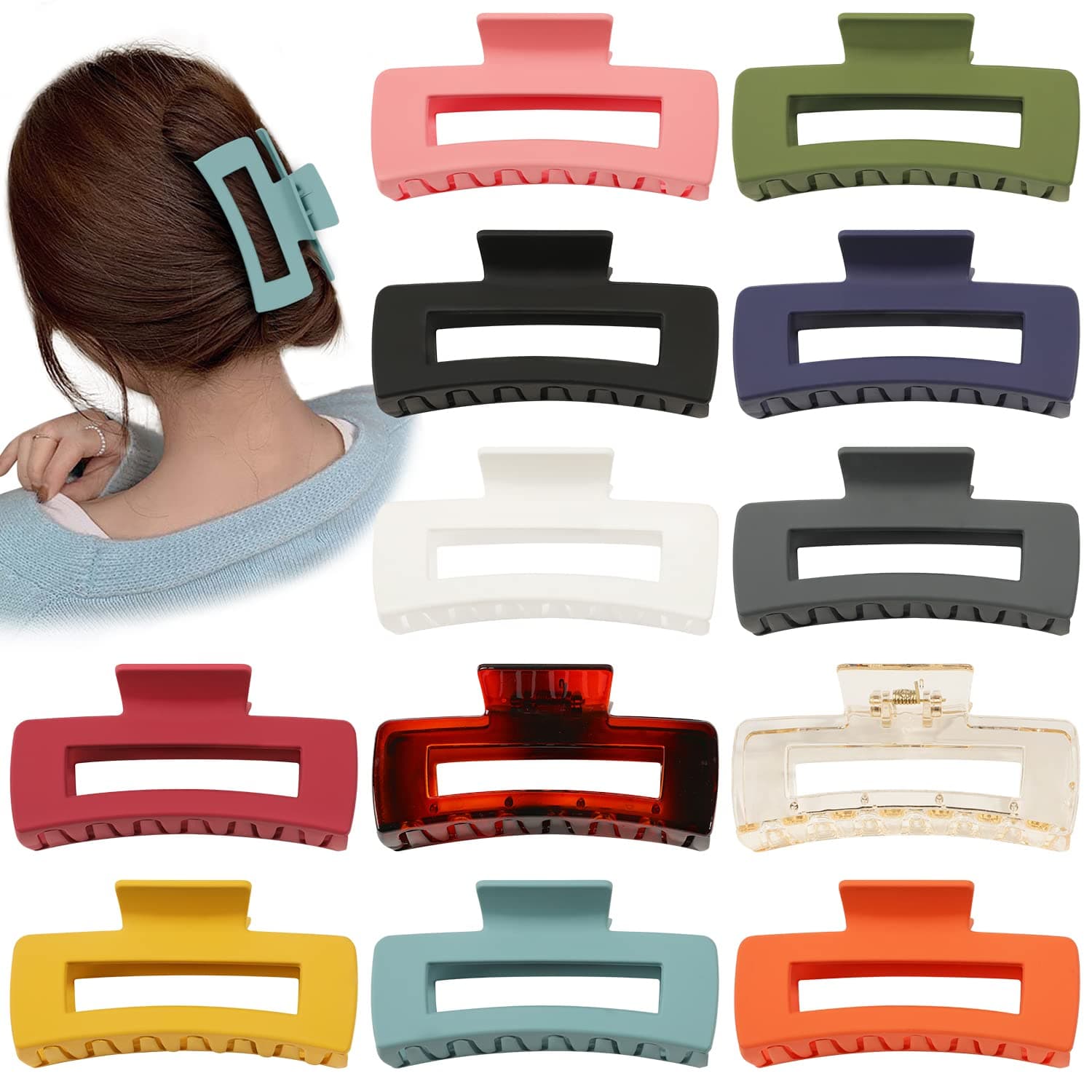 12 Pcs Large Hair Claw Clips, 4.1 Inch Non Slip Claw Clips for Thick Hair & Thin Hair, Big Hair Clips for Women Rectangle Hair Claw Clips Square Jaw Clips