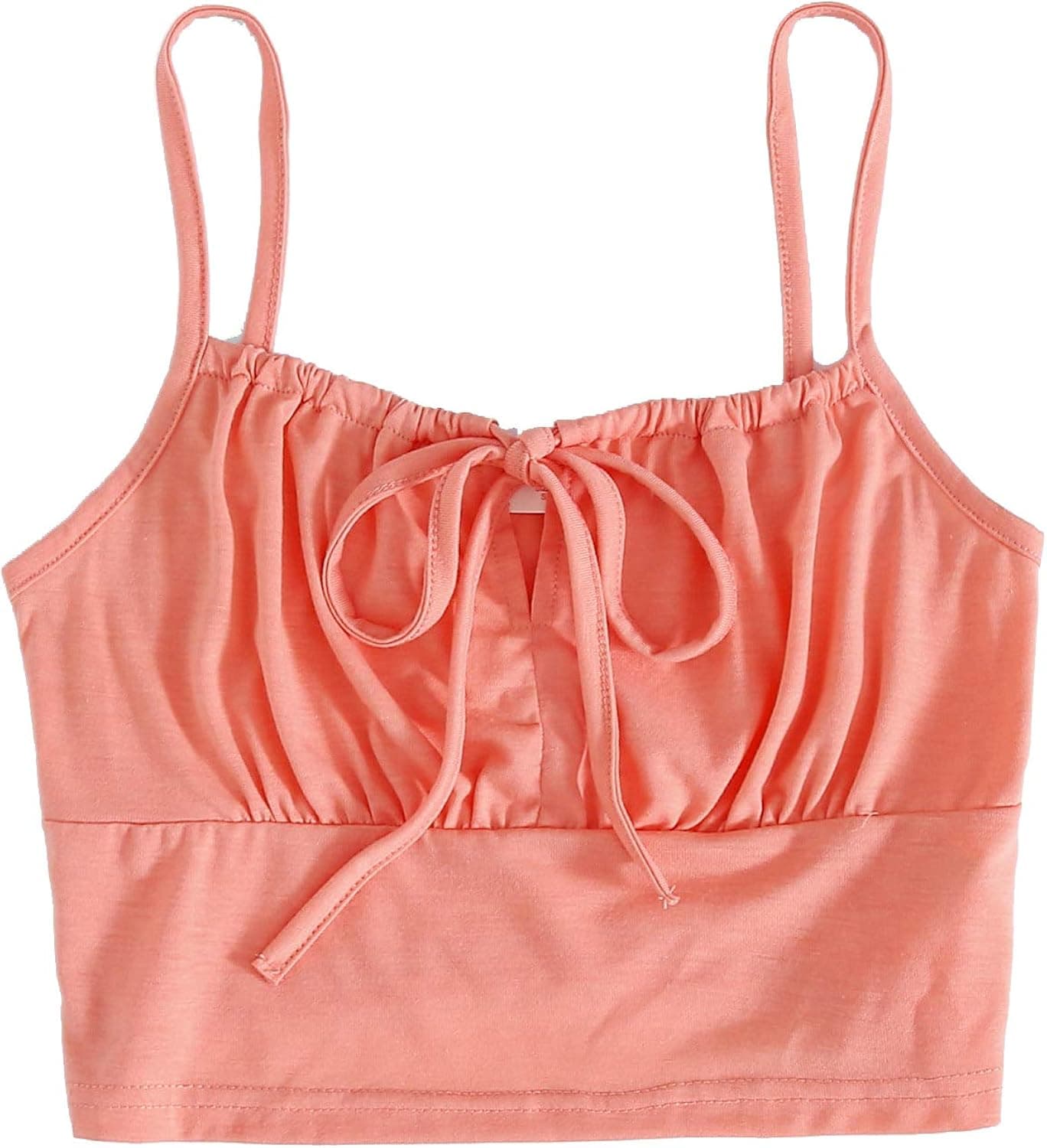 Verdusa Women's Drawstring Tie Knot Front Ruched Spaghetti Strap Crop Cami Top Coral L