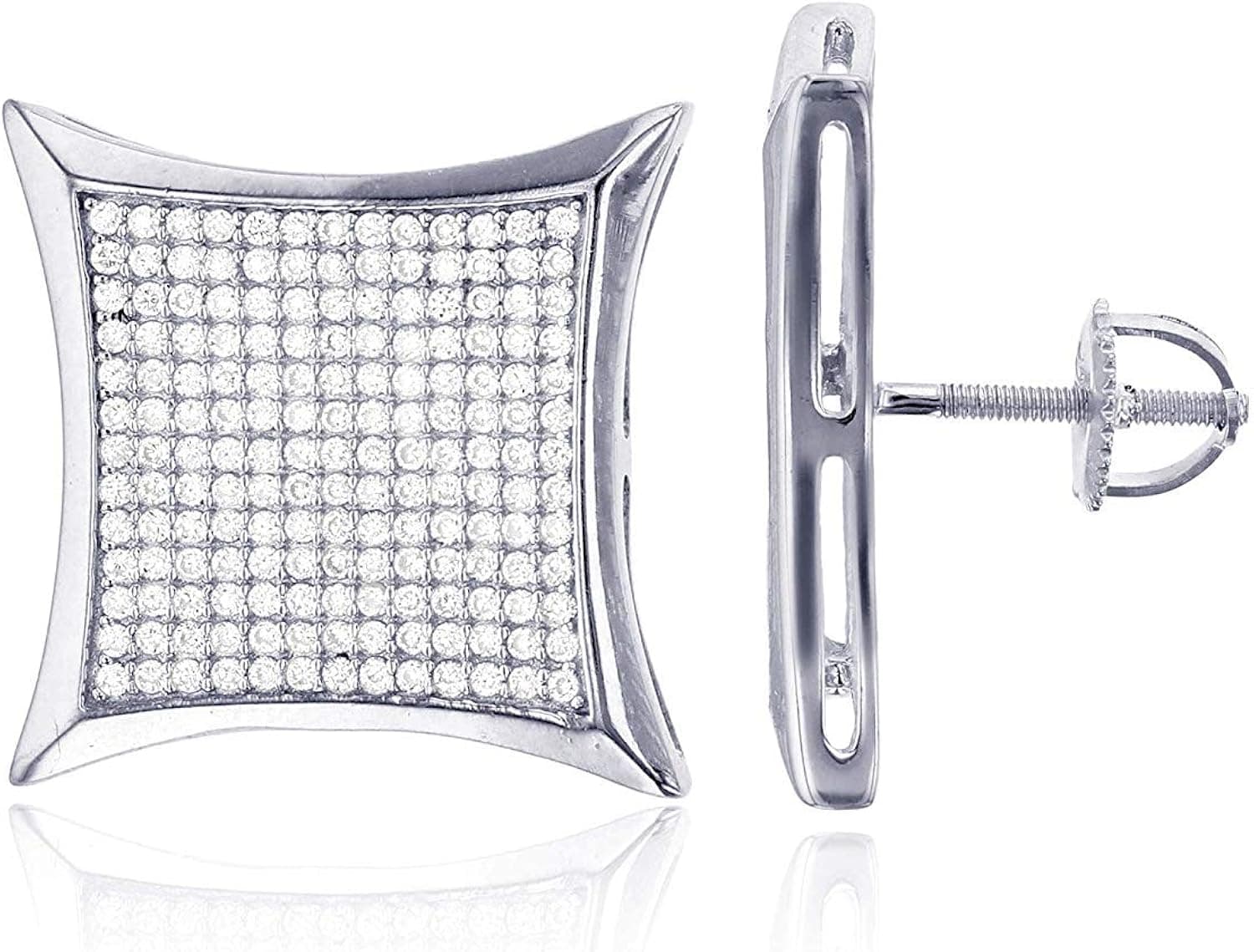 Sterling Silver Micropave 20x20mm Mens ScrewBack Stud Earrings