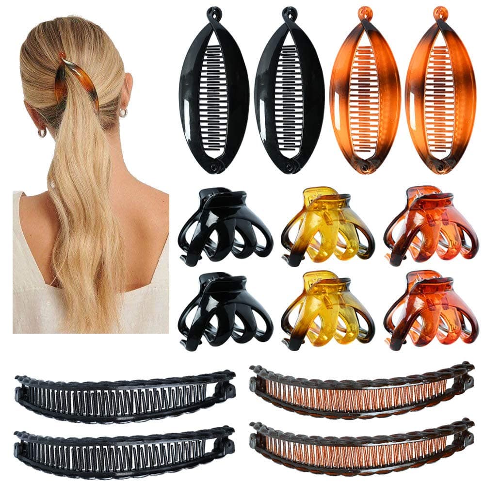 14 Pieces Banana Hair Clips, Include 4 Fishtail Hair Clip,4 Clincher Combs Banana and 6 Octopus Jaw Hair Claw Clips,No-Slip Ponytail Holder Comb Clip for Thick,3 Styles Afro Hair Magic Clips