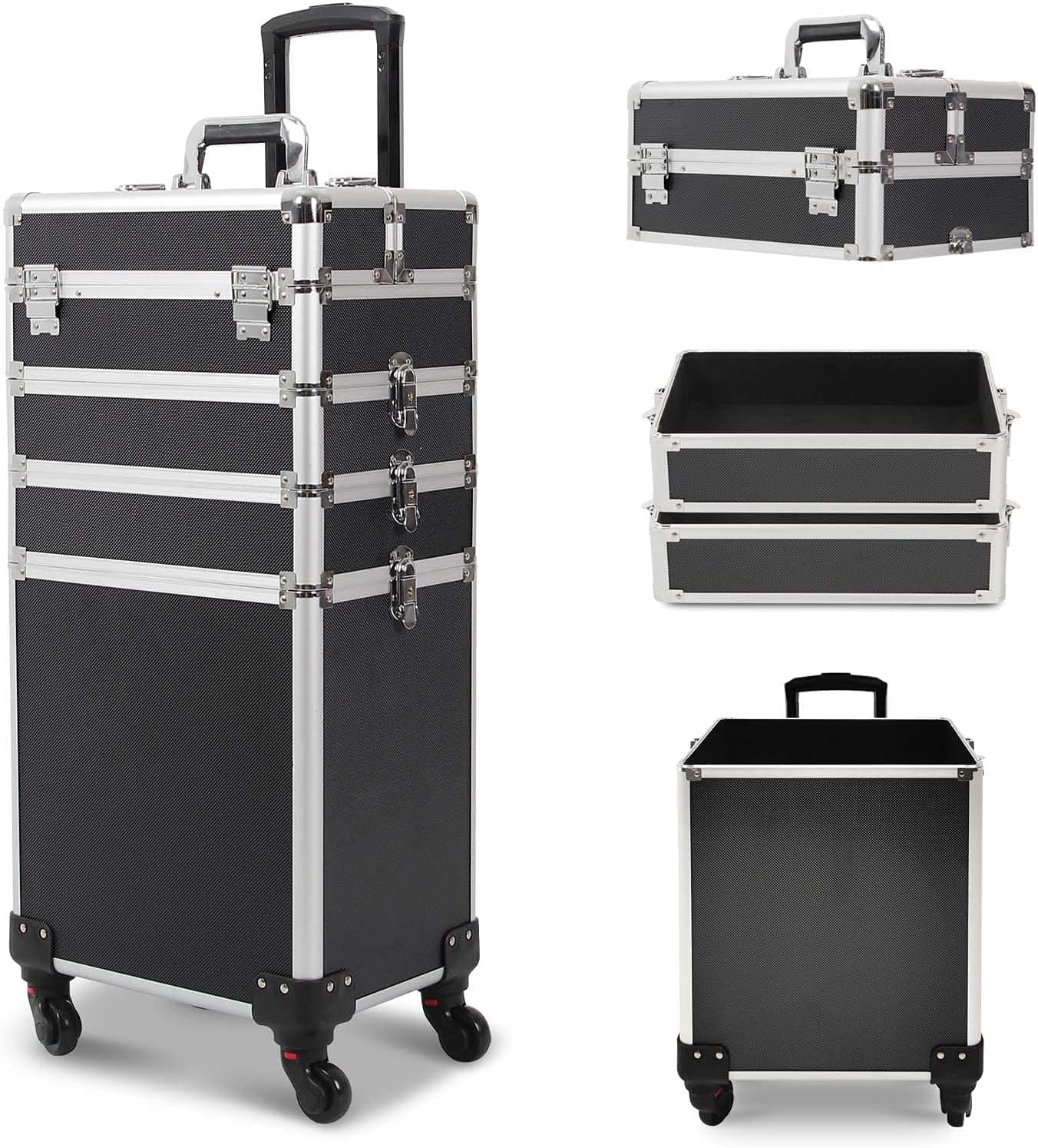 CAMORSA 4 in 1 Rolling Makeup Train Case, Large Storage Cosmetic Trolley Makeup Travel Case with Key & Wheels Salon Barber Case Traveling Cart Trunk (Black) (0057)