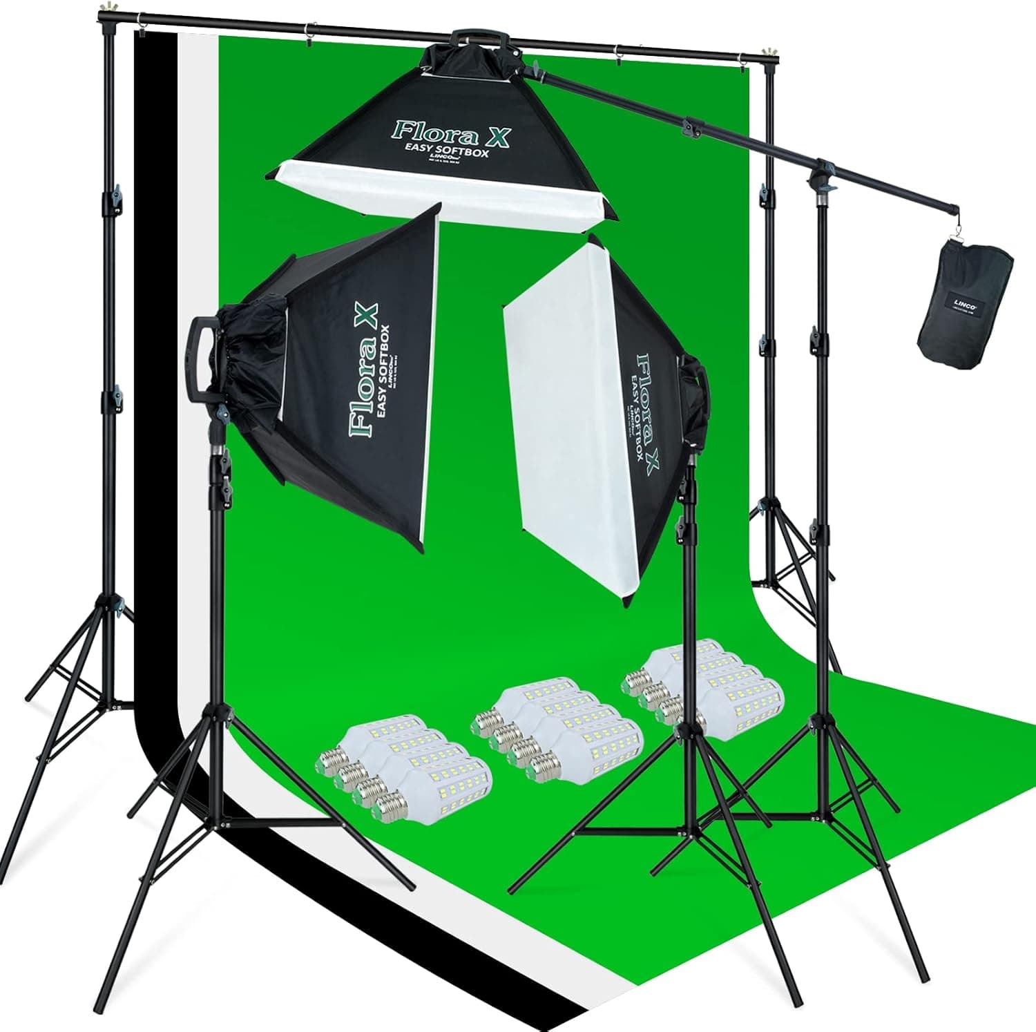 LINCO Lincostore Photo Studio Lighting Kit with 3 Color Muslin Backdrop Stand Photography Flora X Fluorescent 4-Socket Light Bank and Auto Pop-Up Softbox -- Only Takes 3 Seconds to Set-up AM173