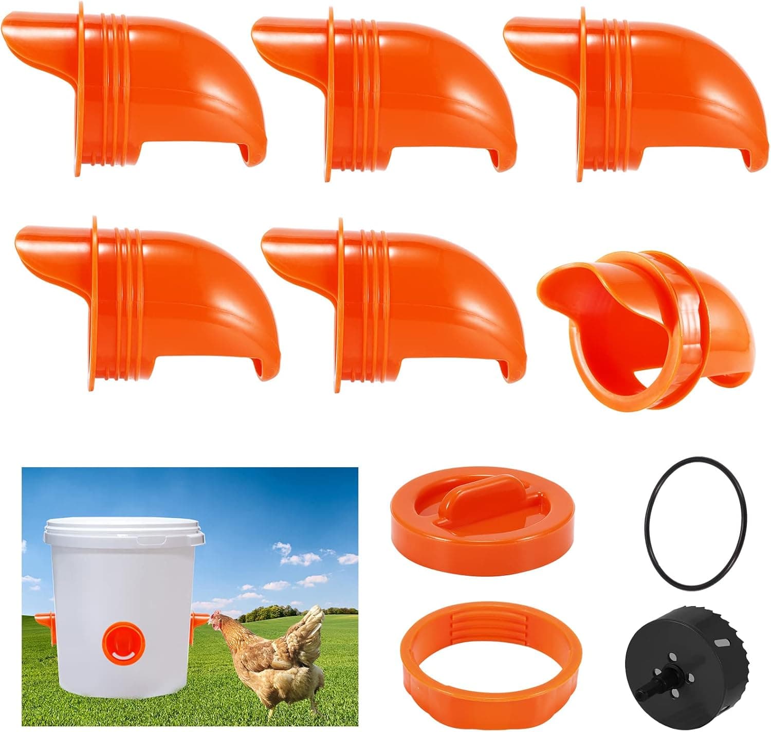 Sannofair DIY Chicken Feeders No Waste, 6 Ports Rain Proof Automatic Poultry Feeder with 1 Hole Opener 1 Drill for Buckets, Bins, Troughs