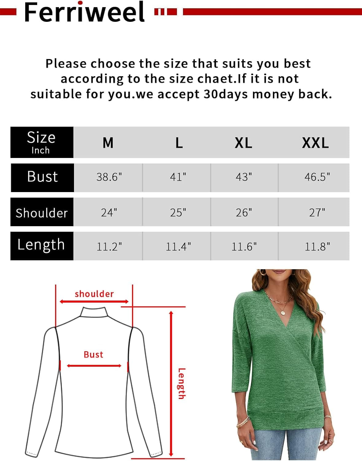 Ferriweel Womens 3/4 Sleeve Cross Wrap V Neck Tops Knit Tunic Blouse Casual Shirts