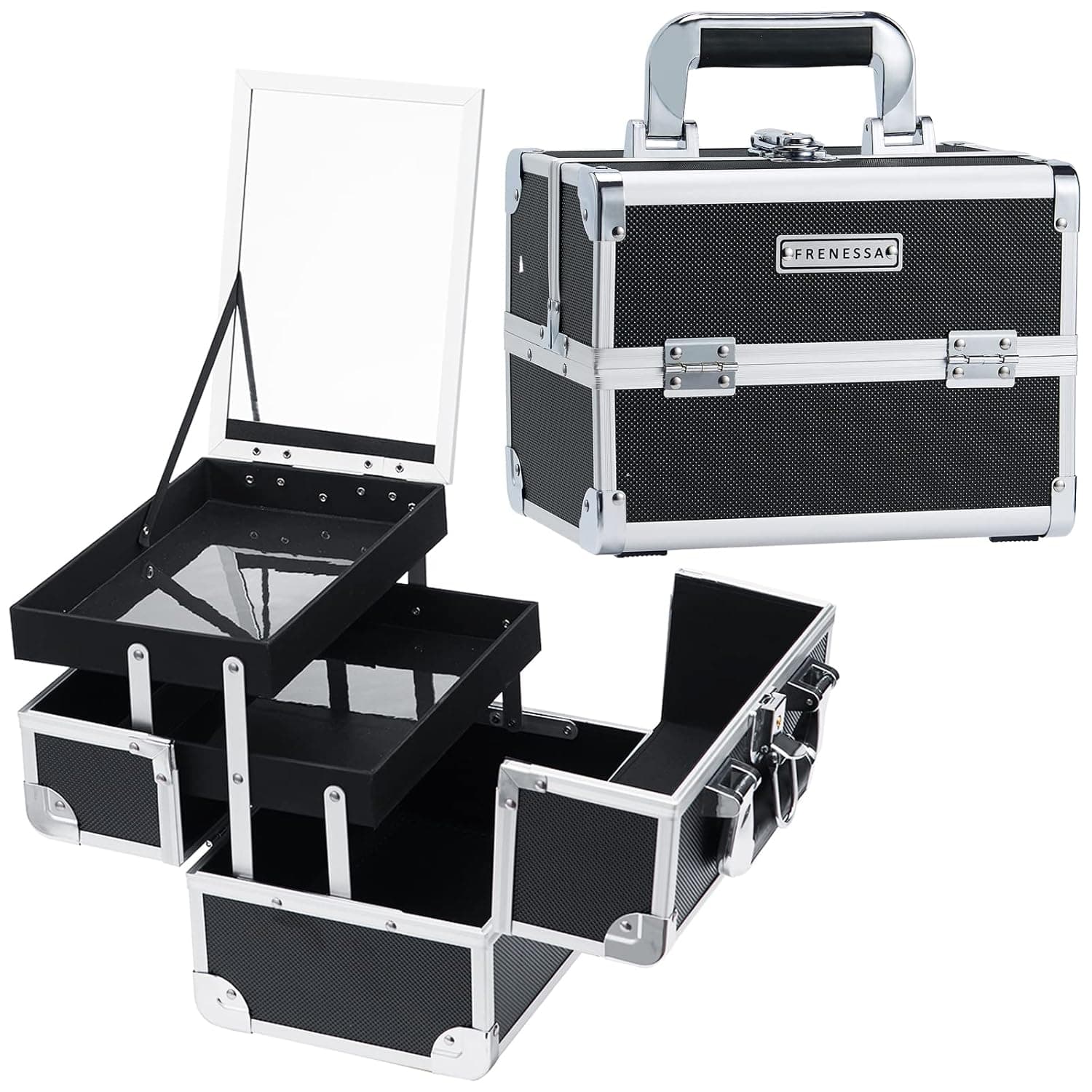 FRENESSA Makeup Train Case Cosmetic Organizer Case Portable Makeup Box with Mirror 2 Trays Lockable Make up Travel Storage Case for Makeup Artist, Nail Kits, Makeup Tools Makeup Case Modern Black