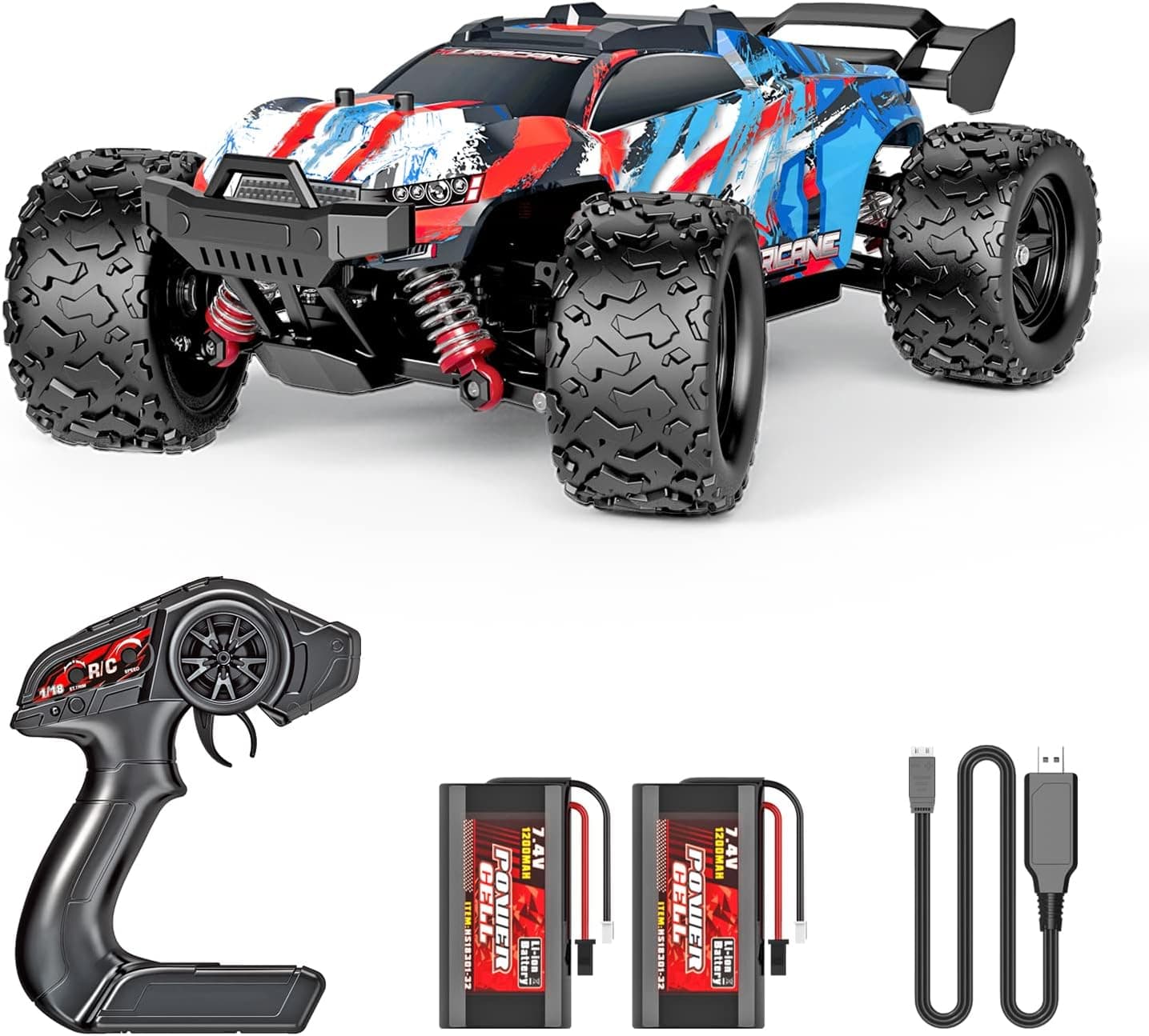 PHOUPHO Remote Control Car 1:18 Scale 45Km/h, 4WD RC Car, Waterproof Drift Off-Road New Upgraded Brush Motor with Two Rechargeable Batteries, Hobbyist Grade for Adults, Toy Gift for Kids and Adults
