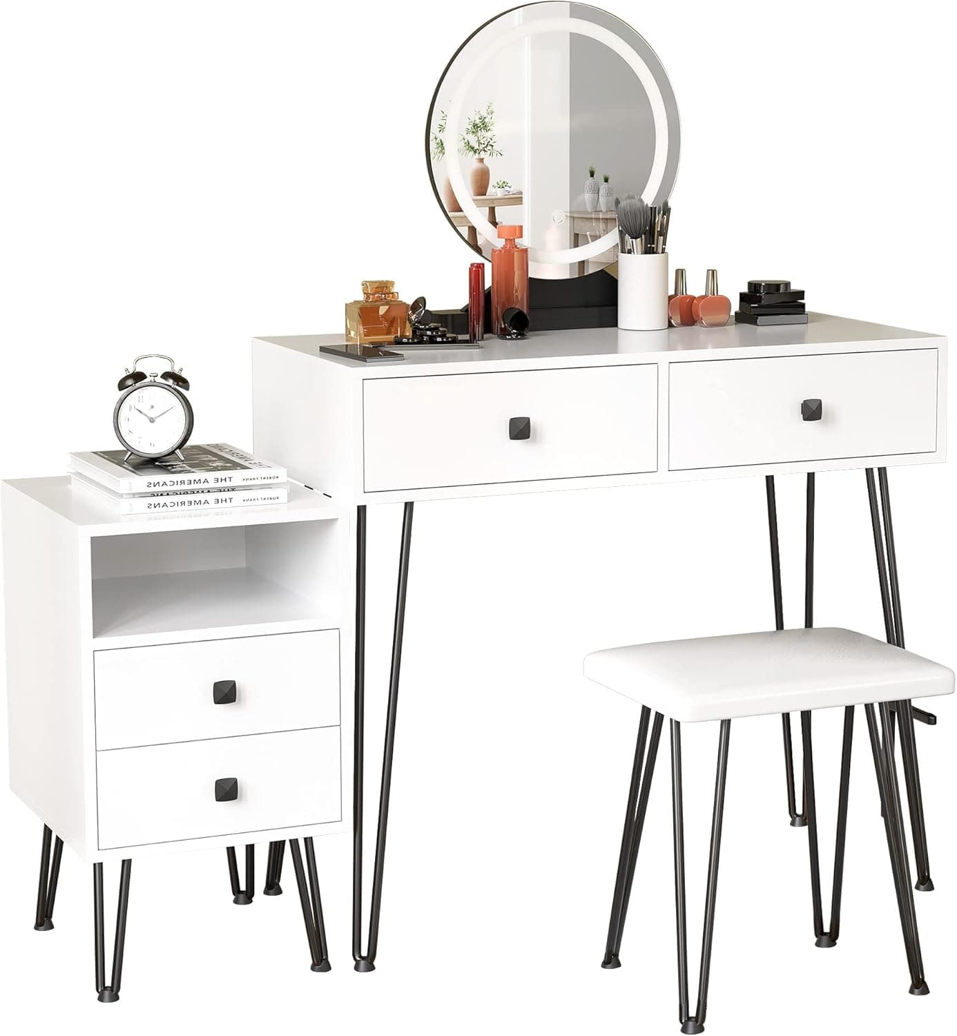 Cozy Castle White Vanity Desk with Lighted Mirror, Makeup Vanity Table Set with Drawers and Adjustable Cabinet, Dressing Table with Vanity Cushioned Chair for Makeup Room, Bedroom
