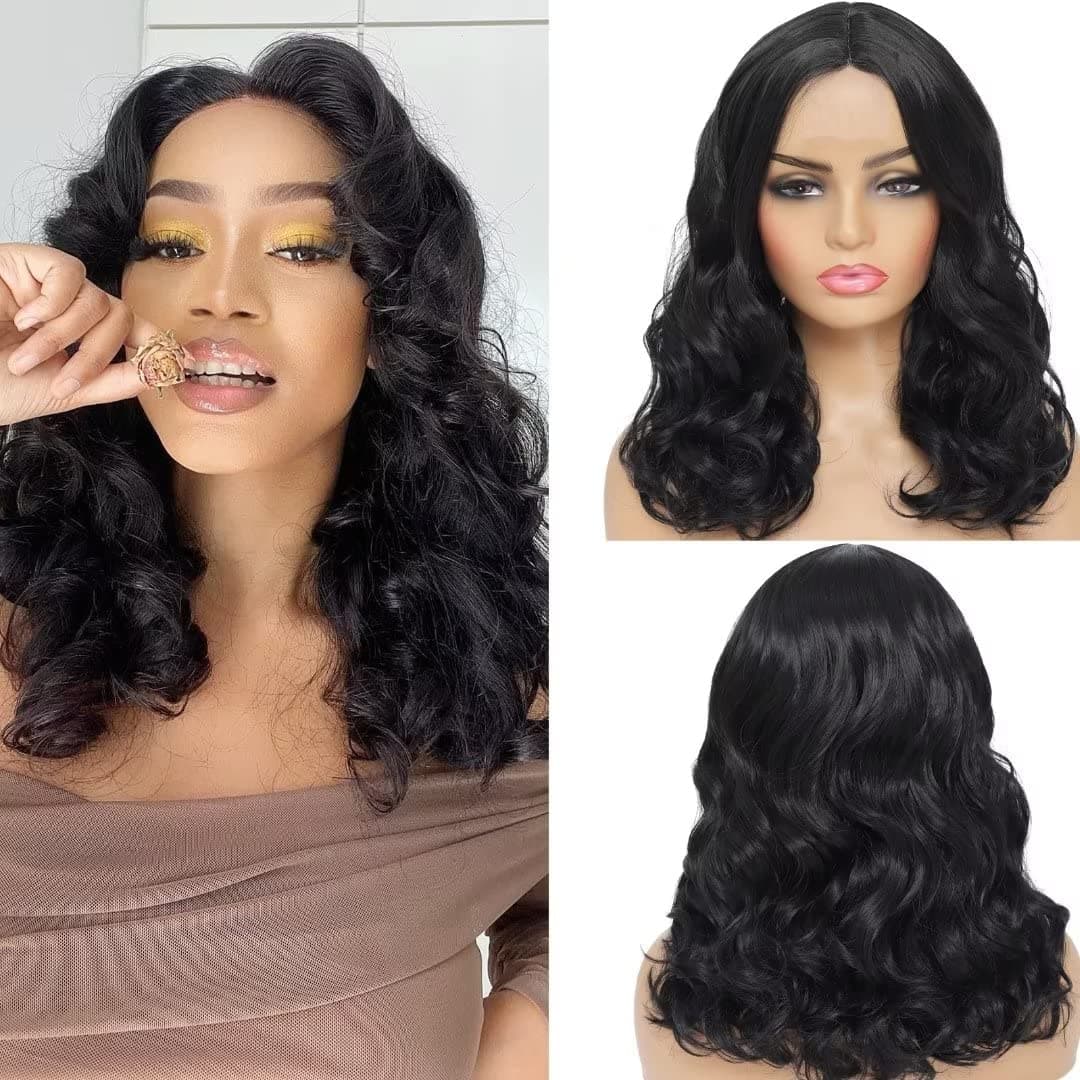 msloosily 16inch Body Wave Bob Synthetic Wigs For Black Women Middle Part Wig Synthetic Lace Front Wig With 4" Simulated Scalp Naural Looking Bob Black Shoulder Length Wig