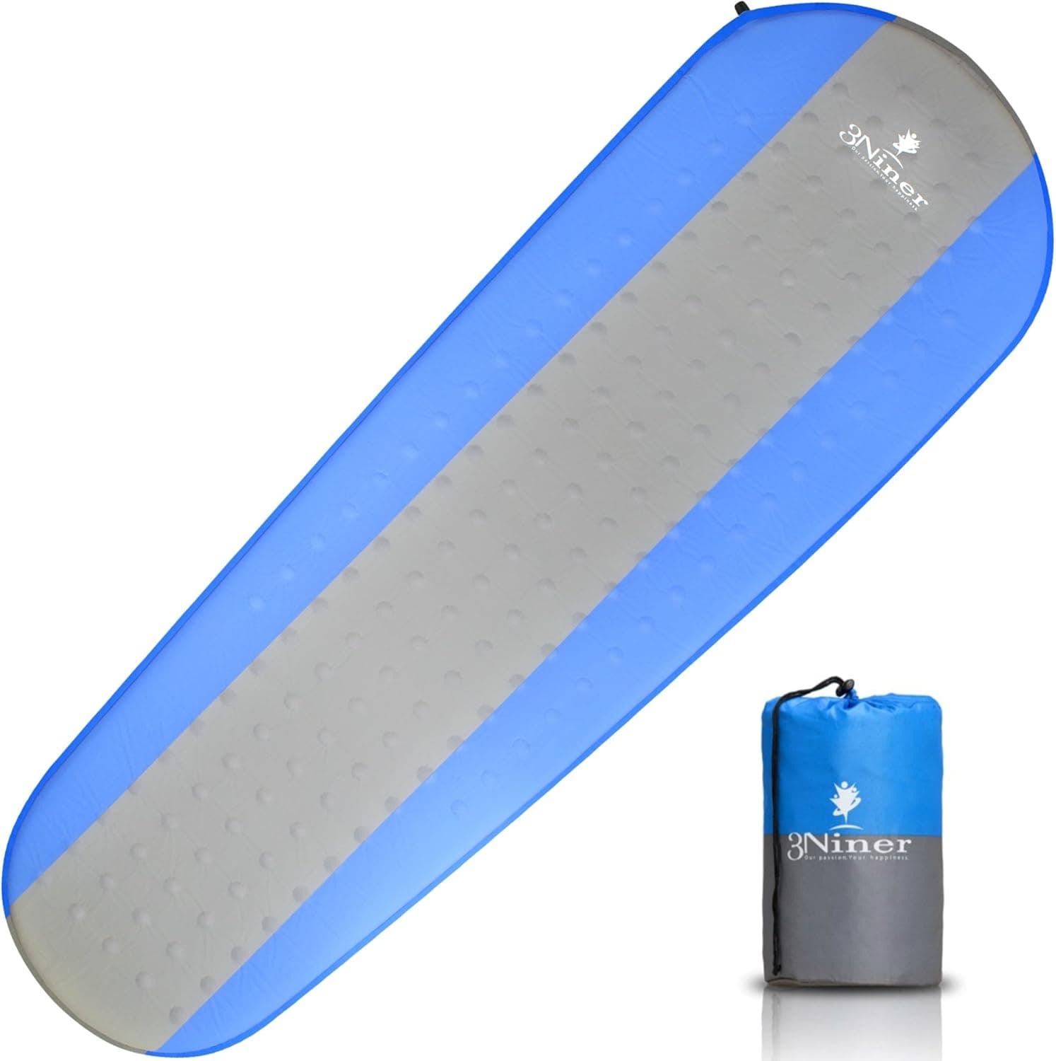 3Niner Self-Inflating Sleeping Pad, Lightweight, Easy to Carry, Quick Set up, Thick, Comfortable Compact Mattress, for Family Camping, Hiking, Trekking, Backpacking. Sleep Like a Baby. Blue & Grey