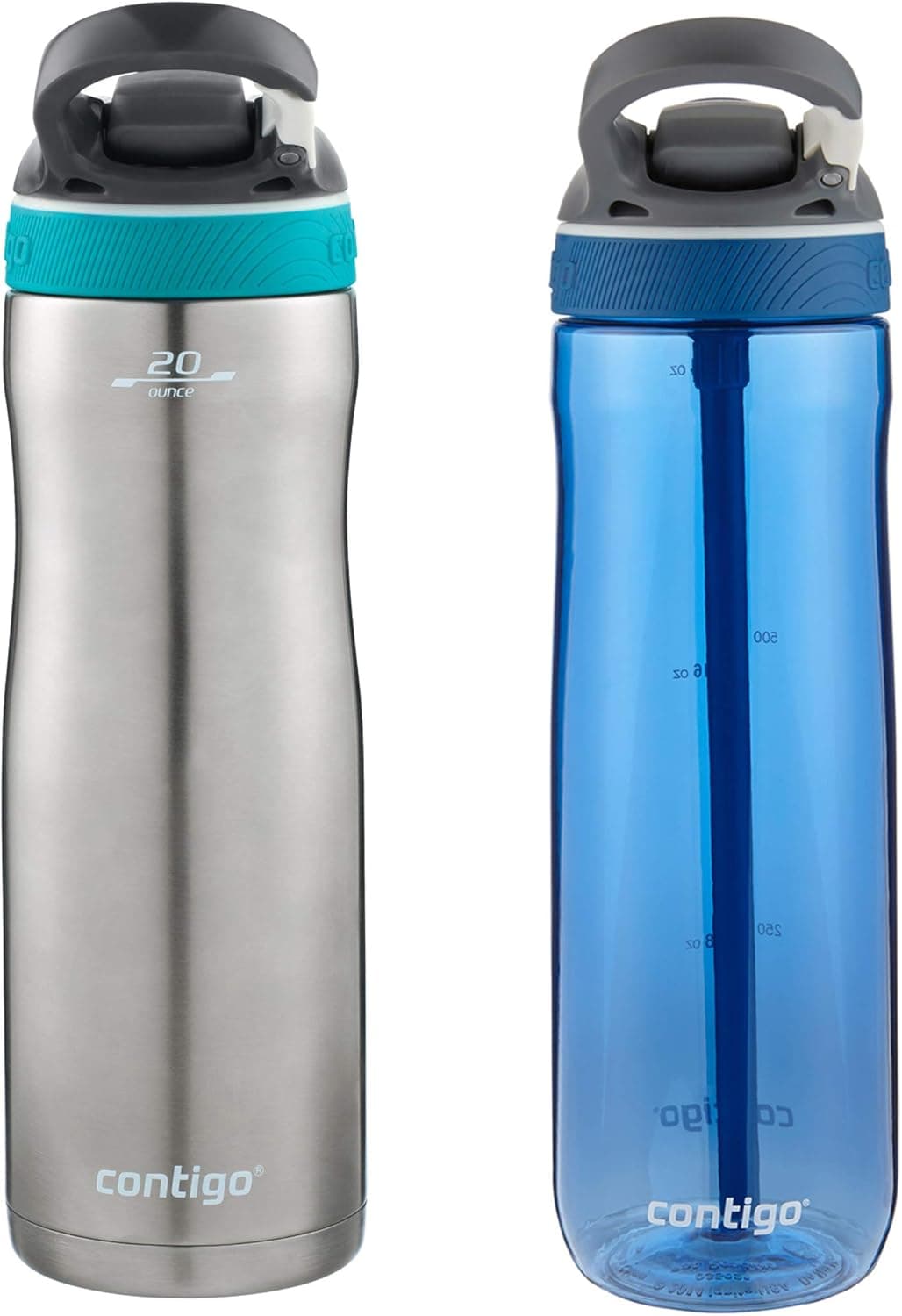 Contigo Stainless Steel Water Bottle | Vacuum-Insulated Water Bottle | Autospout Ashland Chill Water Bottle, 20 Oz, Stainless/Scuba & Autospout Ashland Water Bottle, 24oz, Monaco