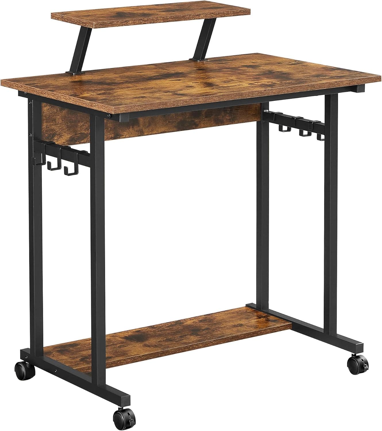 VASAGLE Mobile Computer Writing Desk, with Monitor Stand, 6 Hooks, for Home Office, Industrial, Work from Home, 31.5 x 19.7 x 35.4 Inches, Rustic Brown and Black ULWD085B01