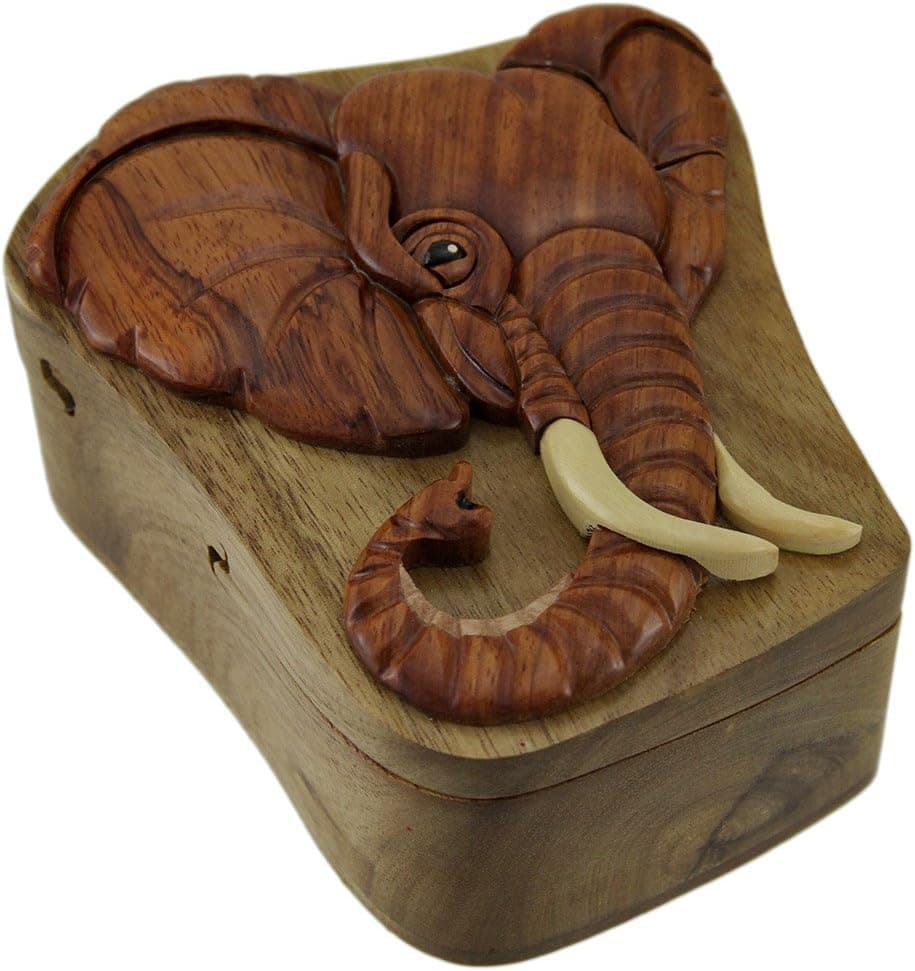 Zeckos Two-Tone Elephant Head Hand Crafted Wooden Trinket/Puzzle Box