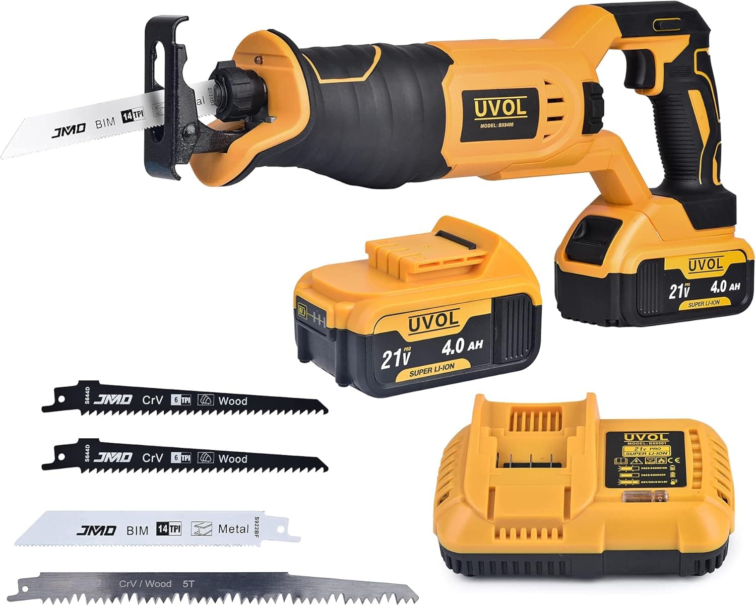 UVOL 21V/4.0Ah Cordless Reciprocating Saw for Wood & Metal Cutting, Powerful Lightweight Reciprocating Saw Battery-powered Brushless Compact Saw with Battery, Charger & Blades (BX8400)