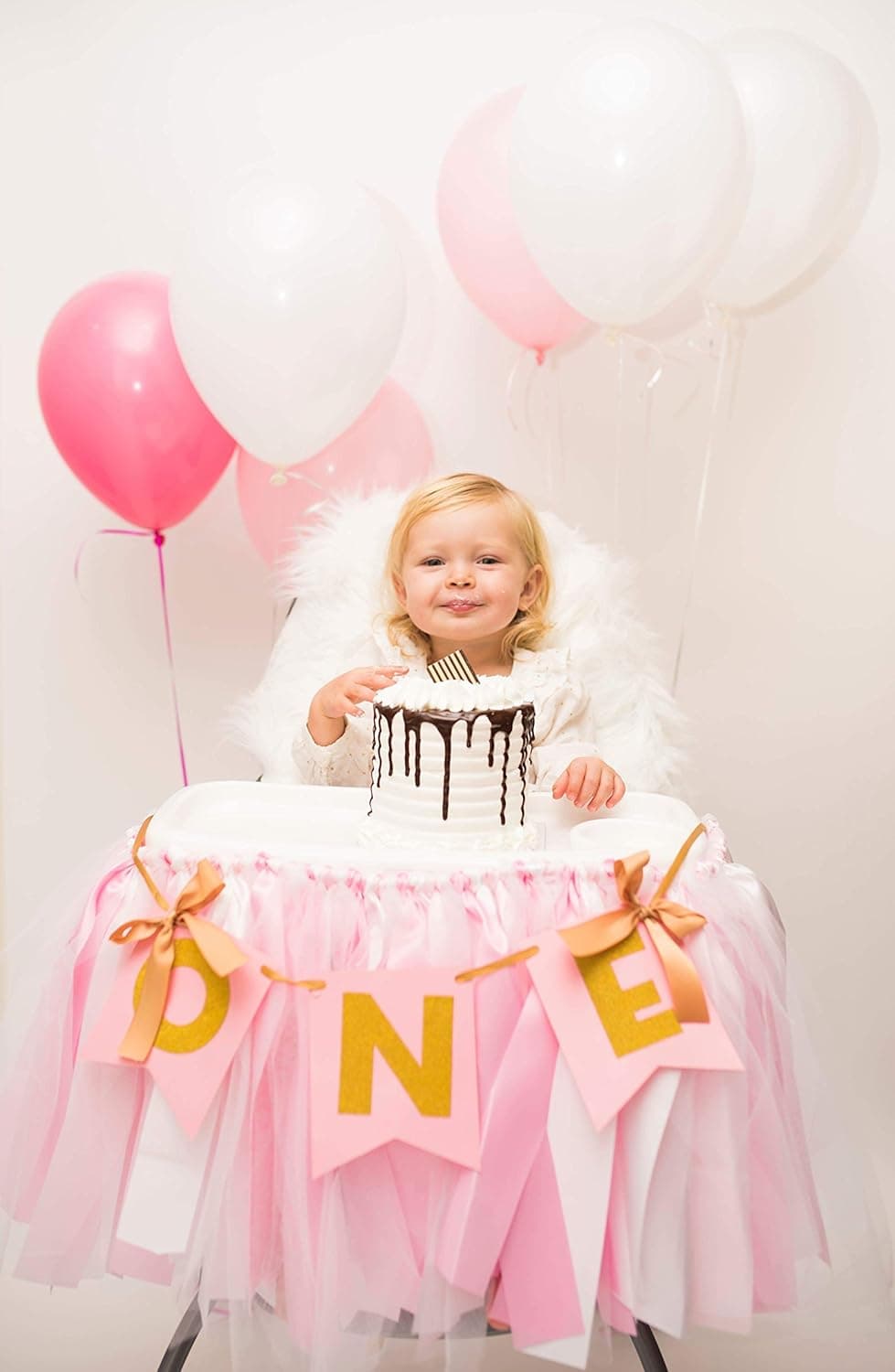 Eva's Perfection Birthday High Chair Tutu Skirt Premium Quality Pink Tulle White Gold 36x13 inches Banner ONE Included Hand Made Custom Self Adhesive Strips