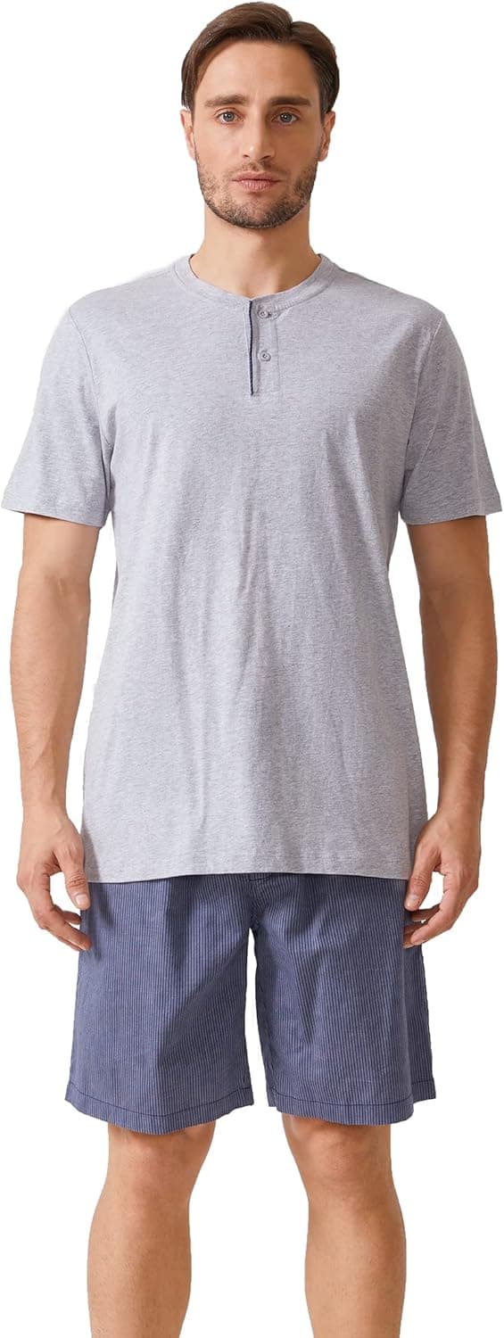 DAVID ARCHY Men's Lightweight Sleepwear Woven Cotton Button-Down Short Sleeve Pajamas Set Summer Loungewear