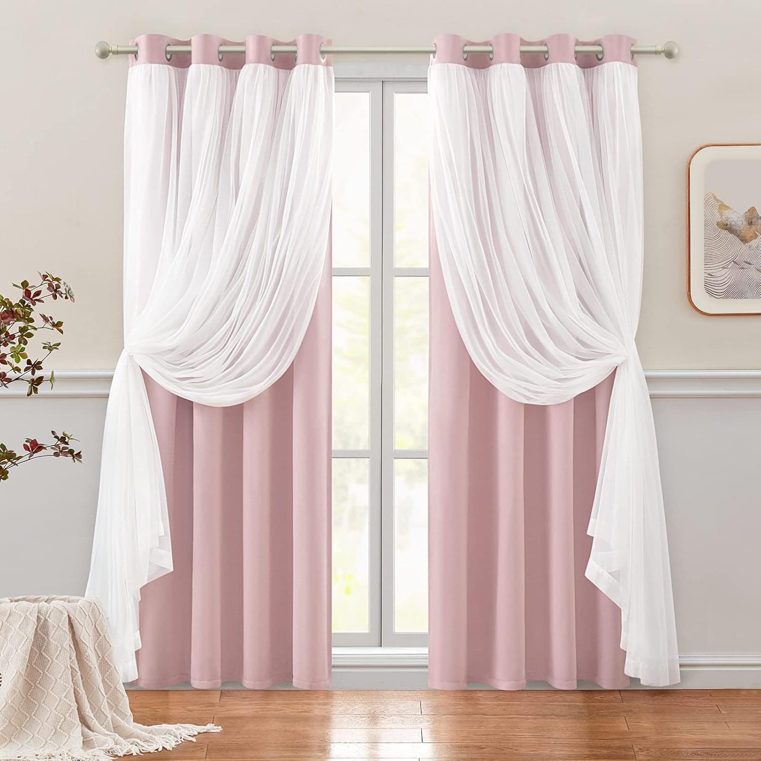 HOMEIDEAS Double Layer Curtains Pink Blackout Curtains 84 Inch Length 2 Panels Nursery Curtains for Girls Kids Bedroom Grommet Blackout Curtains with Sheer Overlay