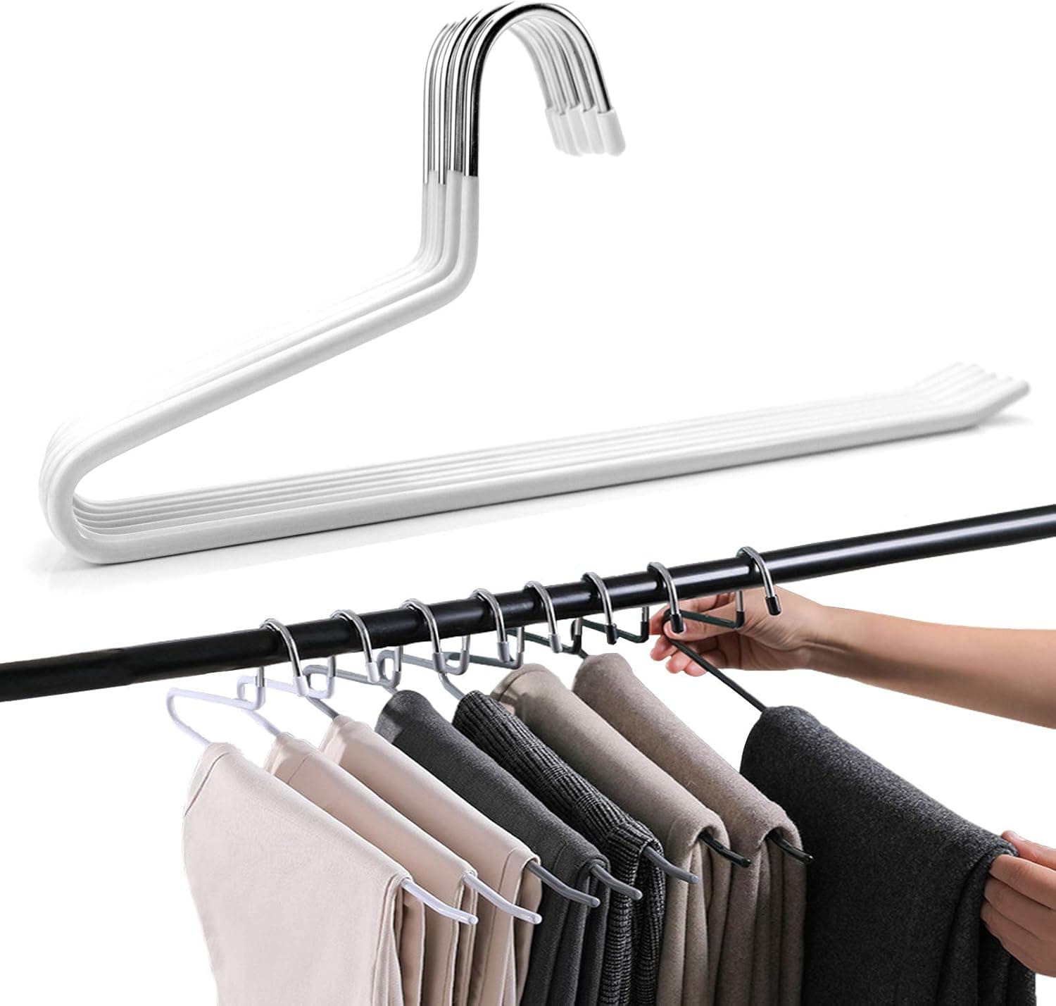 PJJXMY Pants Slack Trousers Hangers - 10 Pack, Space Saving Slim Strong and Durable Anti-Rust Chrome Metal Hangers, Open Ended Design for Easy-Slide Pant, Jeans, Skirt, Slacks Etc (White Heavy Duty)