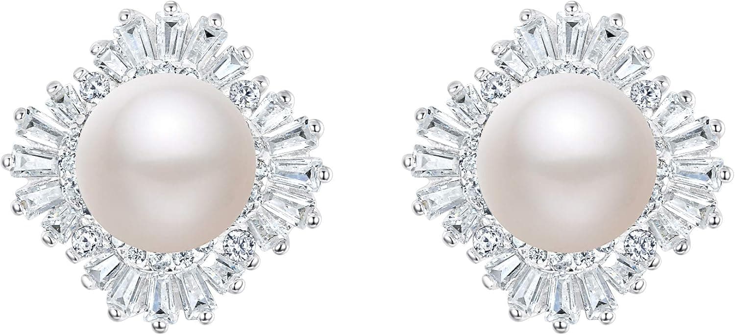 EleQueen 925 Sterling Silver CZ 8mm White Button Freshwater Cultured Pearl Bridal Stud Earrings