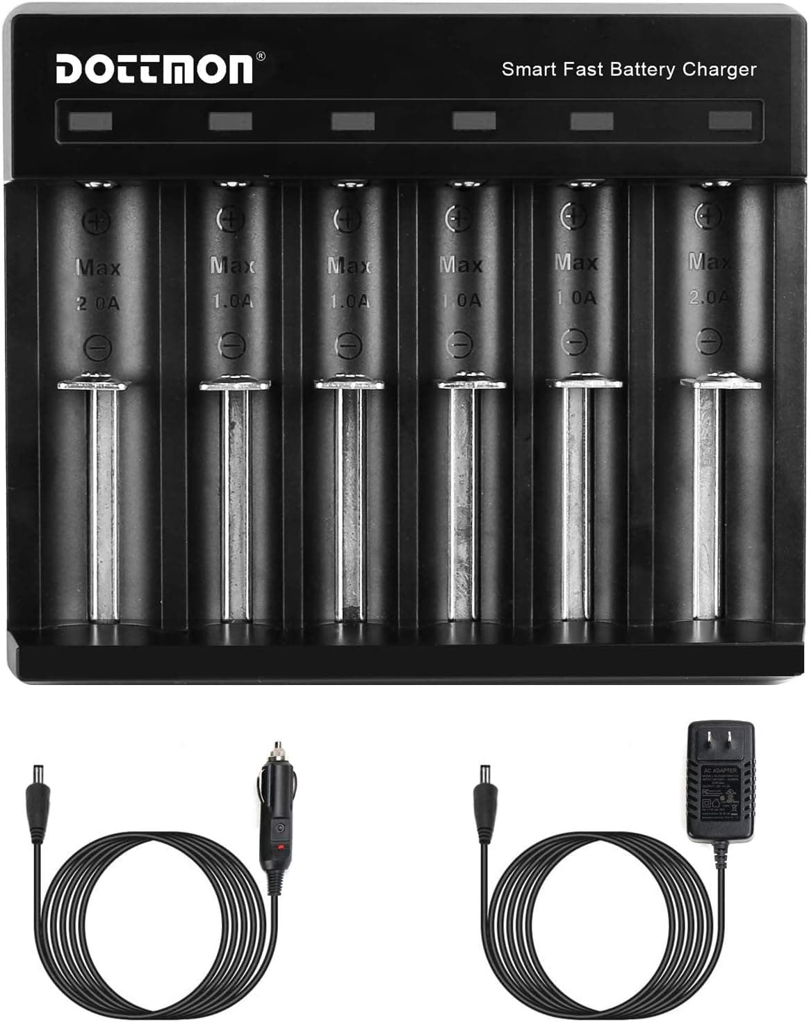 DOTTMON 6-Bay LED Universal Battery Charger for Ni-MH or Ni-Cd Batteries (AA, AAA, AAAA, SC, C, D) and Li-ion Batteries (22650, 25500, 18650, 18500, 18490, 18350, 17670, 16340, 14500, 10440)
