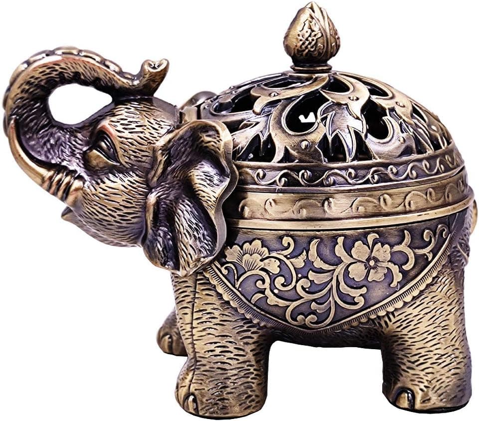 Hourwof Metal Elephant Incense Holder,Vintage Cone Coil Incense Burner with Lid,Ash Catcher,Aromatherapy Ornament Home Office Decor,Bronze