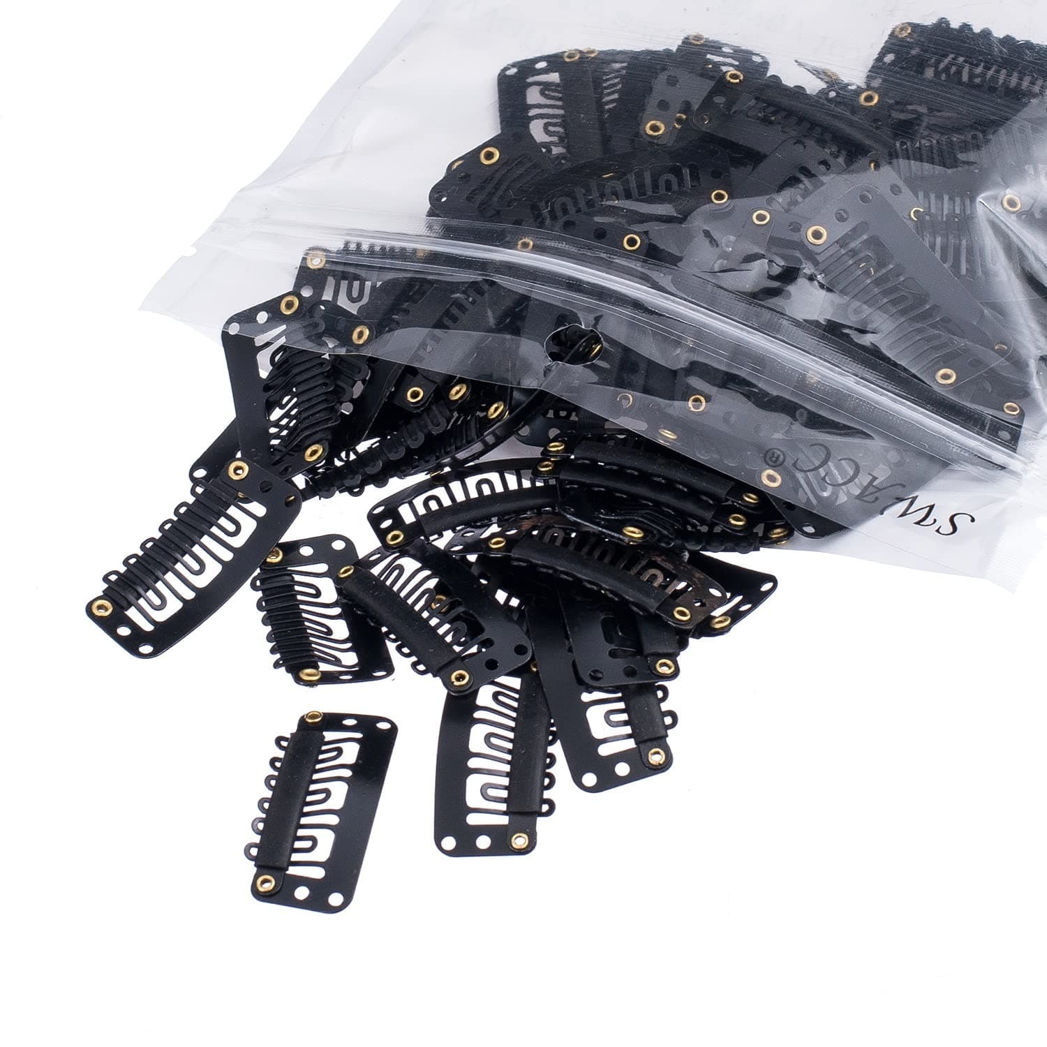 SWACC 100 Pcs U Shape Metailic Snap Clips ins for Hair Extension Hairpiece DIY Snap-Comb Wig Clips with Rubber (Black, General U Shape 6 Holes)