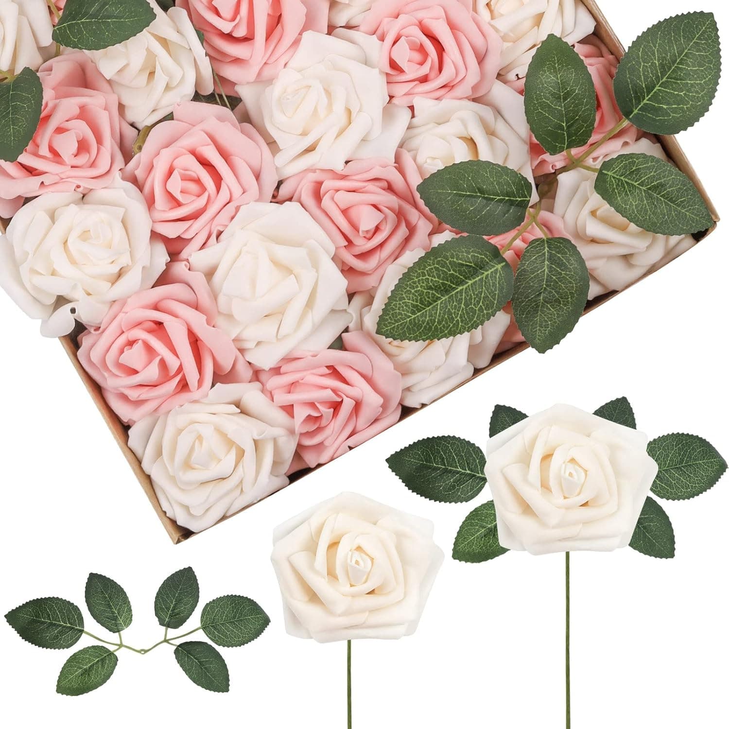 TOPHOUSE 50pcs Artificial Flowers Roses Real Touch Foam Fake Roses with Stems for DIY Wedding Bouquets Bridal Shower Centerpieces Party Home Decorations (Ivory&Pink)