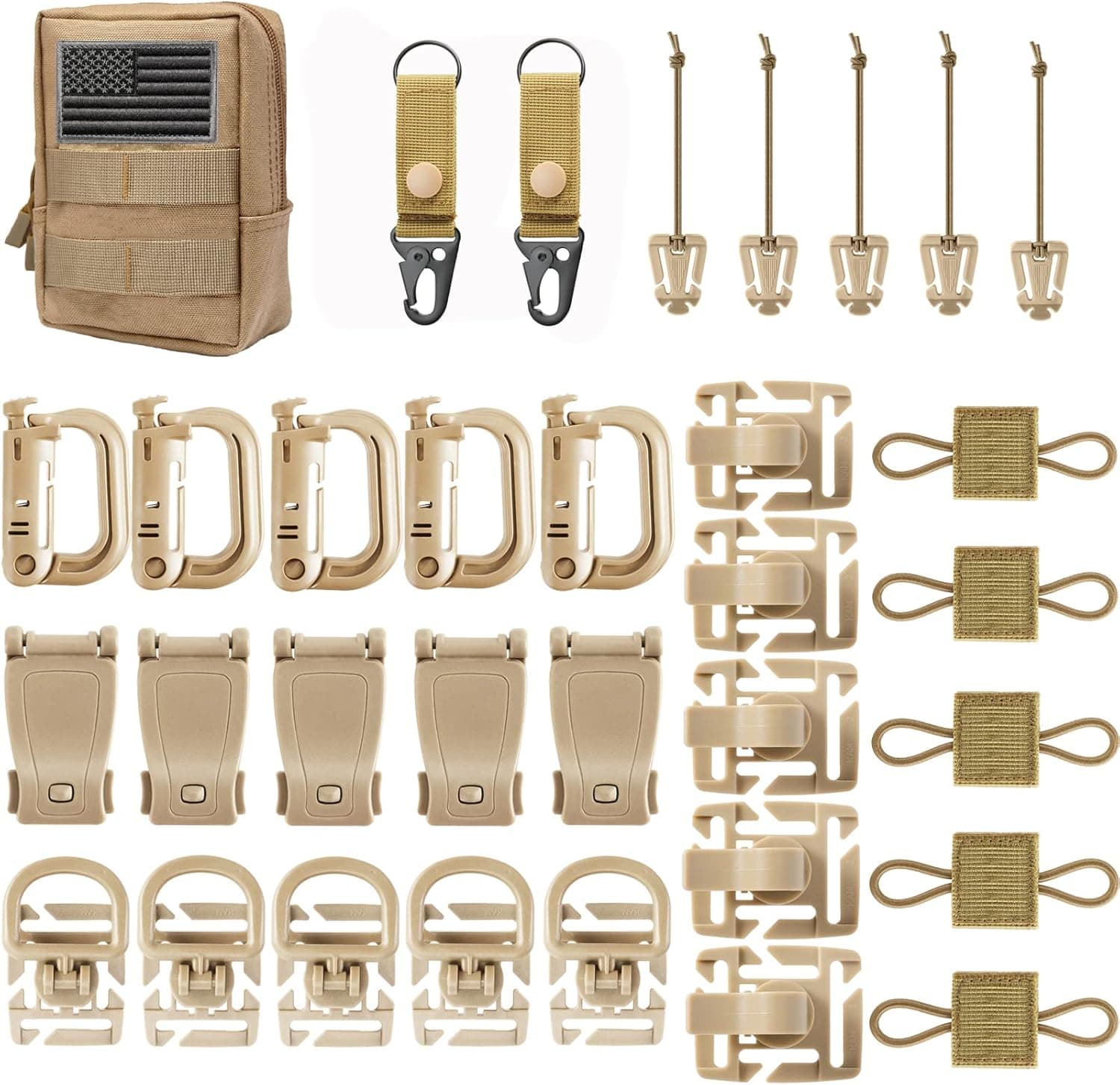 FRTKK Molle Accessories Kit of 34 Attachments for Tactical Backpack Belt Vest D-Ring Locking Gear Clip for 1“ Webbing Strap