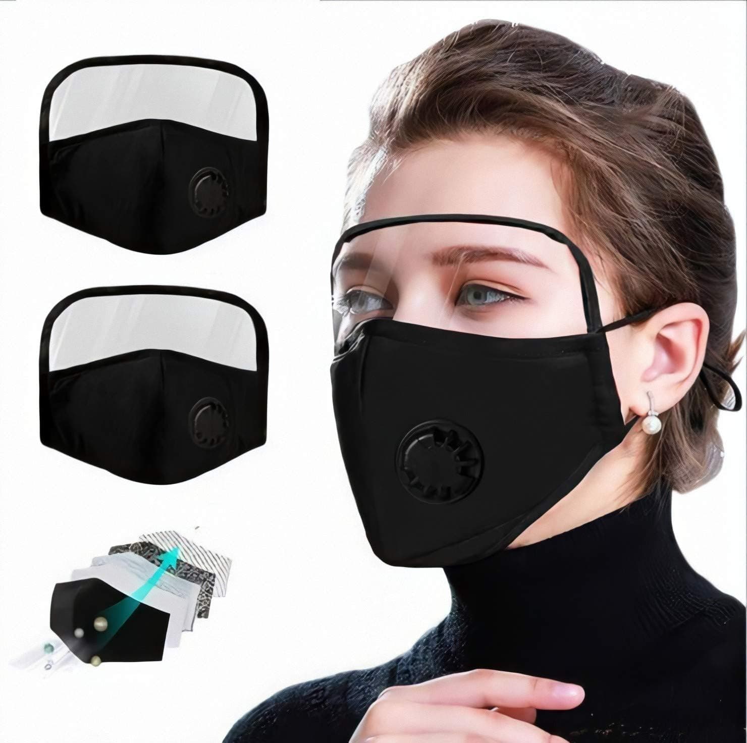 Facial Protection Filtration 95%, Anti-Fog, Dust-Proof With activated carbon filter Adjustable Headgear Nose wire Full Face Protection Masks(2 Pcs eyes shield With 4Pcs activated carbon filter)