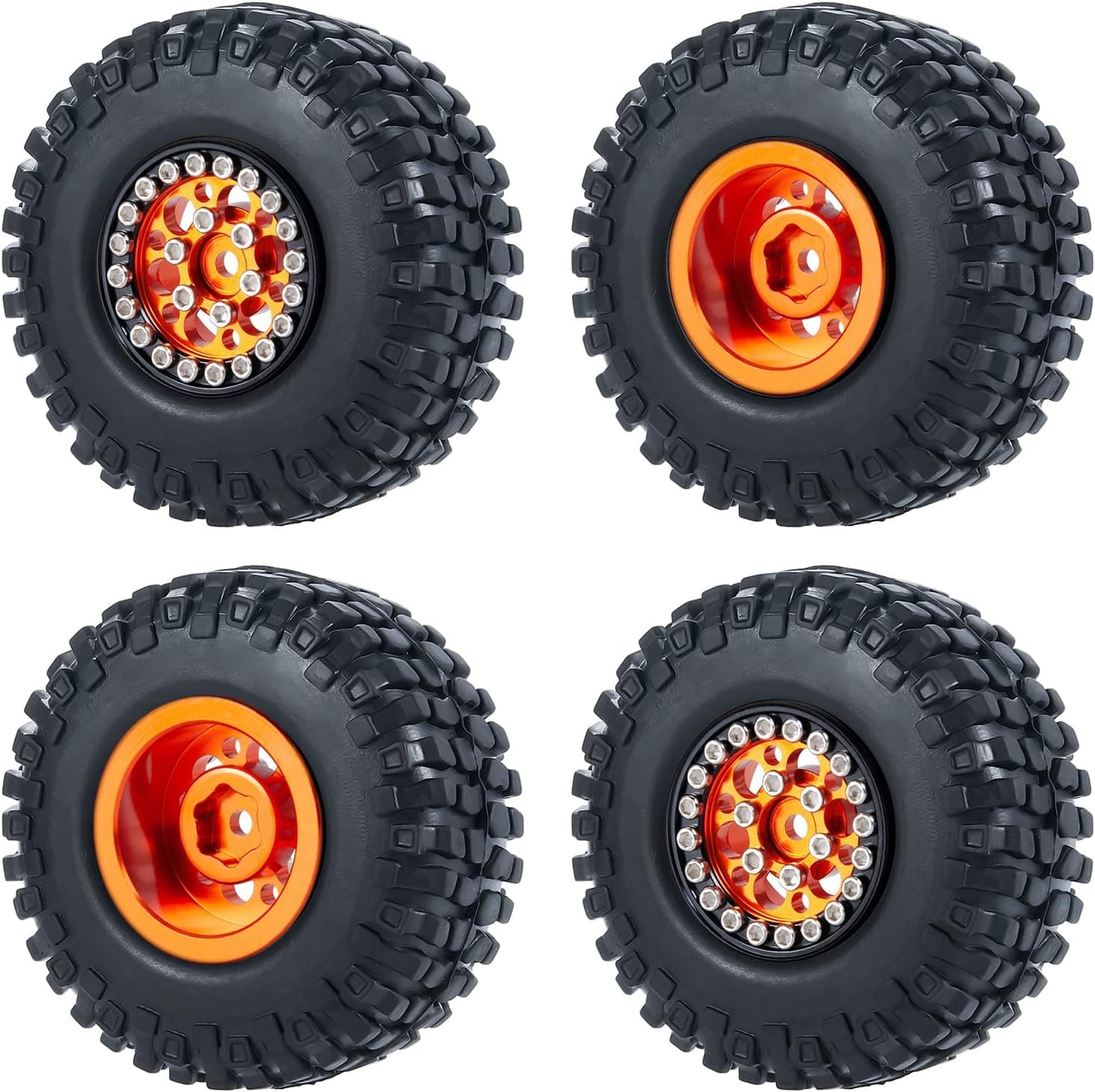 Maleonn 4PCS RC 1.0" Beadlock Wheels and 54mm Rubber Tires Set for 1/24 RC Crawler Car Axial SCX24 Wheels and Tires Upgrades Accessories (Orange)