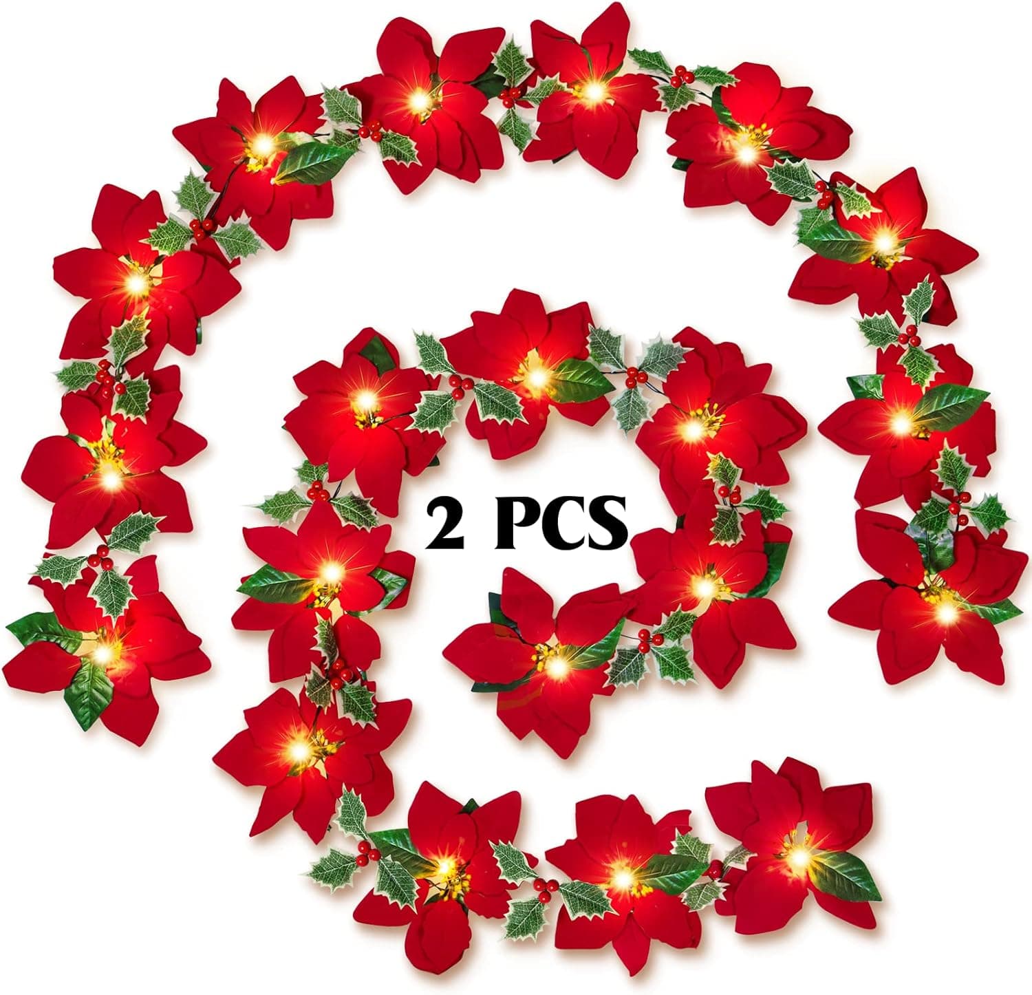 2 Pack Lighted Christmas Poinsettia Garland, 6.6Ft Poinsettia Light Artificial Poinsettia Christmas Decorations with Red Berries Holly Leaves, Pre-Lit Velvet Christmas Garland for Christmas Decor