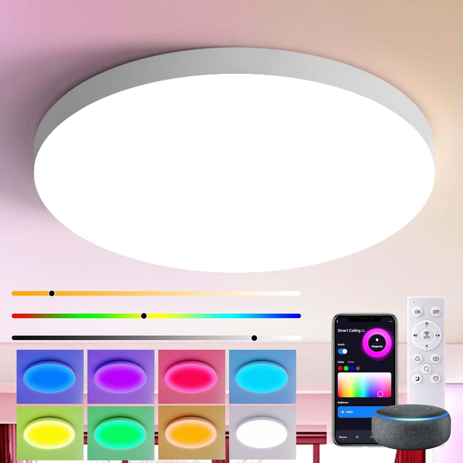 Kuwork Smart RGB Ceiling Light Fixture with Remote APP Control 12 Inch, 36W, 3600lm, 3000K-6500K, Memory, LED Dimmable Flush Mount Ceiling Light Night Light, Compatible with Alexa Google Assistant