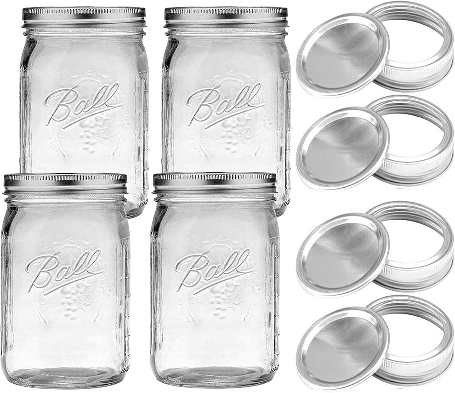 Mason Jars, Glass Canning Jars 16 ounces Jelly Quilted Crystal with Lids and bands, Regular Lids, Ideal for Jam, Honey, Wedding Favors, Shower Favors, Baby Foods, DIY Magnetic Spice Jars-4 PACK