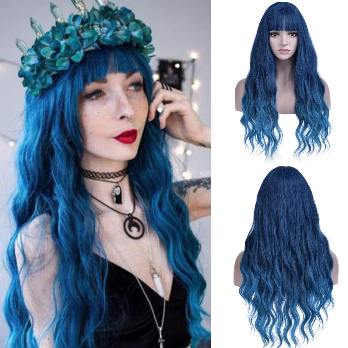 MAGQOO Blue Wig Ombre Blue Wig Women Long Curly Wavy Wig Teal Blue Wig with Bangs Synthetic Heat Resistant