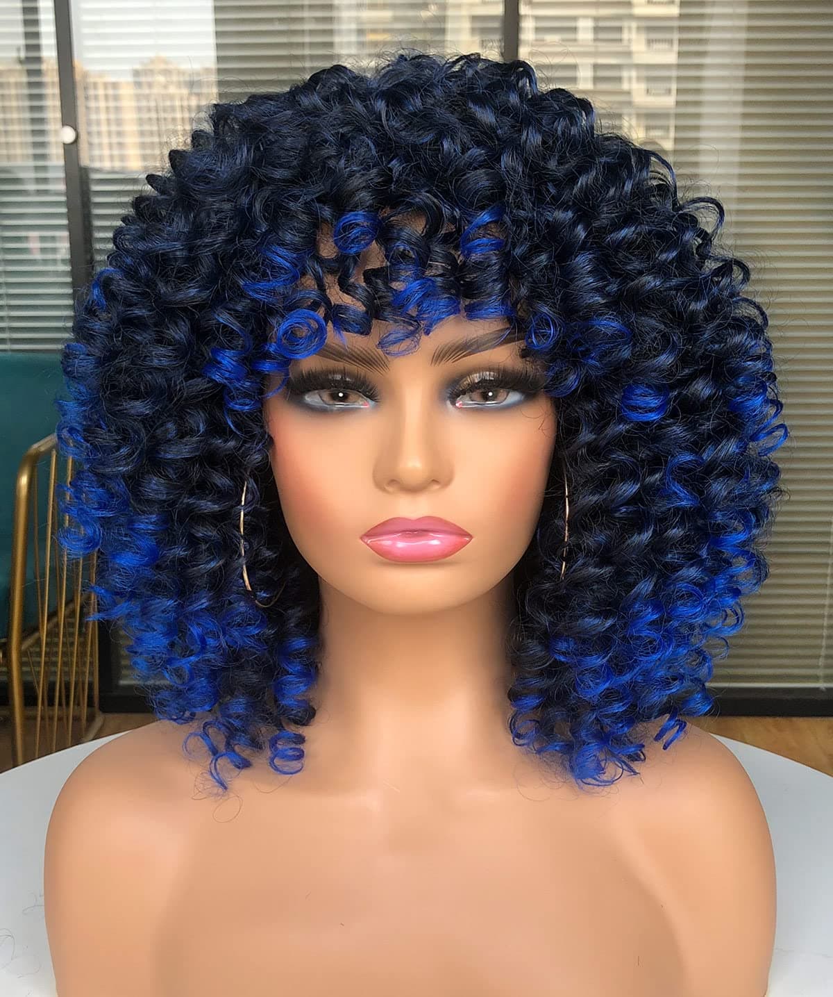 CiCi Short Curly Wigs for Black Women with Bangs Afro Short Kinky Curly Big Bouncy Hair Wigs 12inch in Front 14 inch Back(Blue)