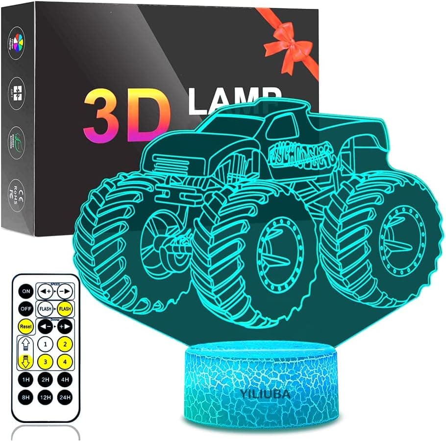 3D Illusion Light Lamps - Night Lights for Kids Room - Monster Trucks for Boys - Party Theme Grave Digger Monster Truck Car Decor - 3D LED Lamp for Gifts as Present for Boys/Girls/Baby