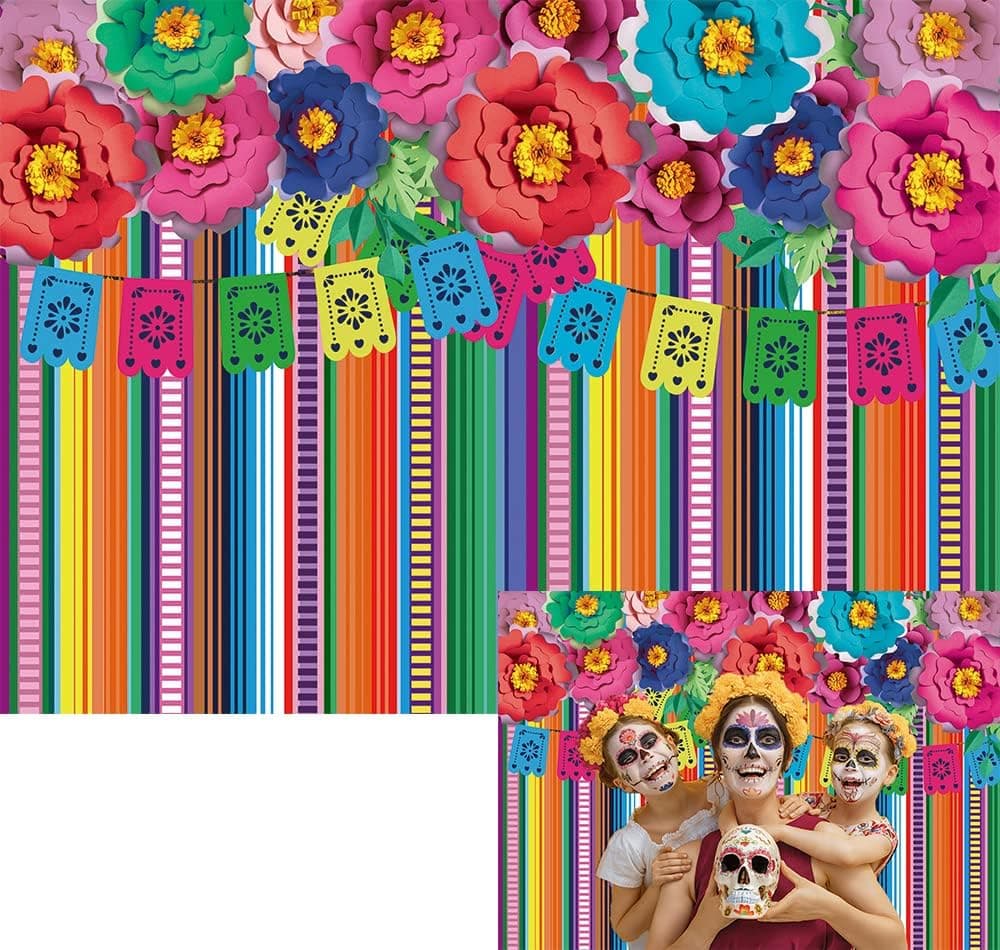 Day of The Dead Backdrop for Mexican Fiesta Photography Background Fiesta Cinco De Mayo Paper Flowers Birthday Party Supplies 7x5ft