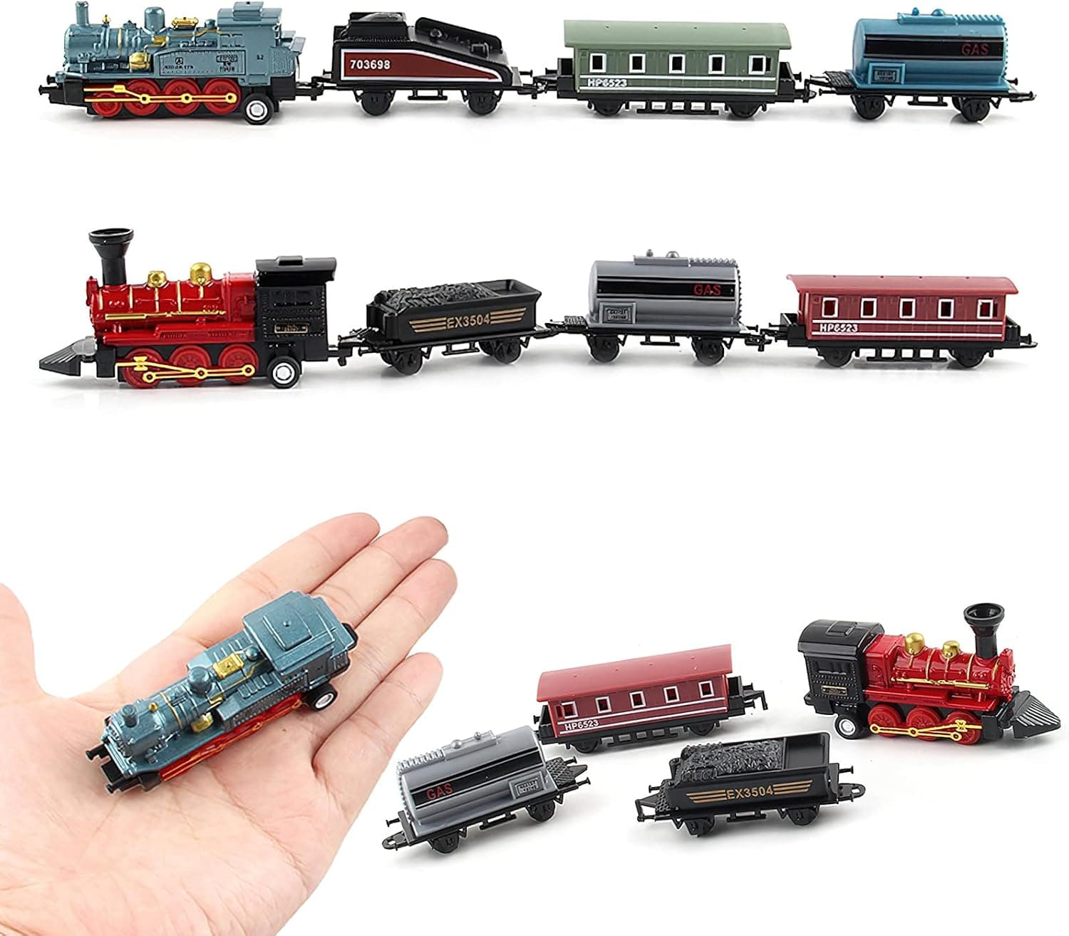 Mini Alloy Retro Steam Train Toy Kit Die-Cast Pull Back Simulation Steam Train Model Toys for 3 4 5 6 Years Old Kids Boys and Girls 8PCS