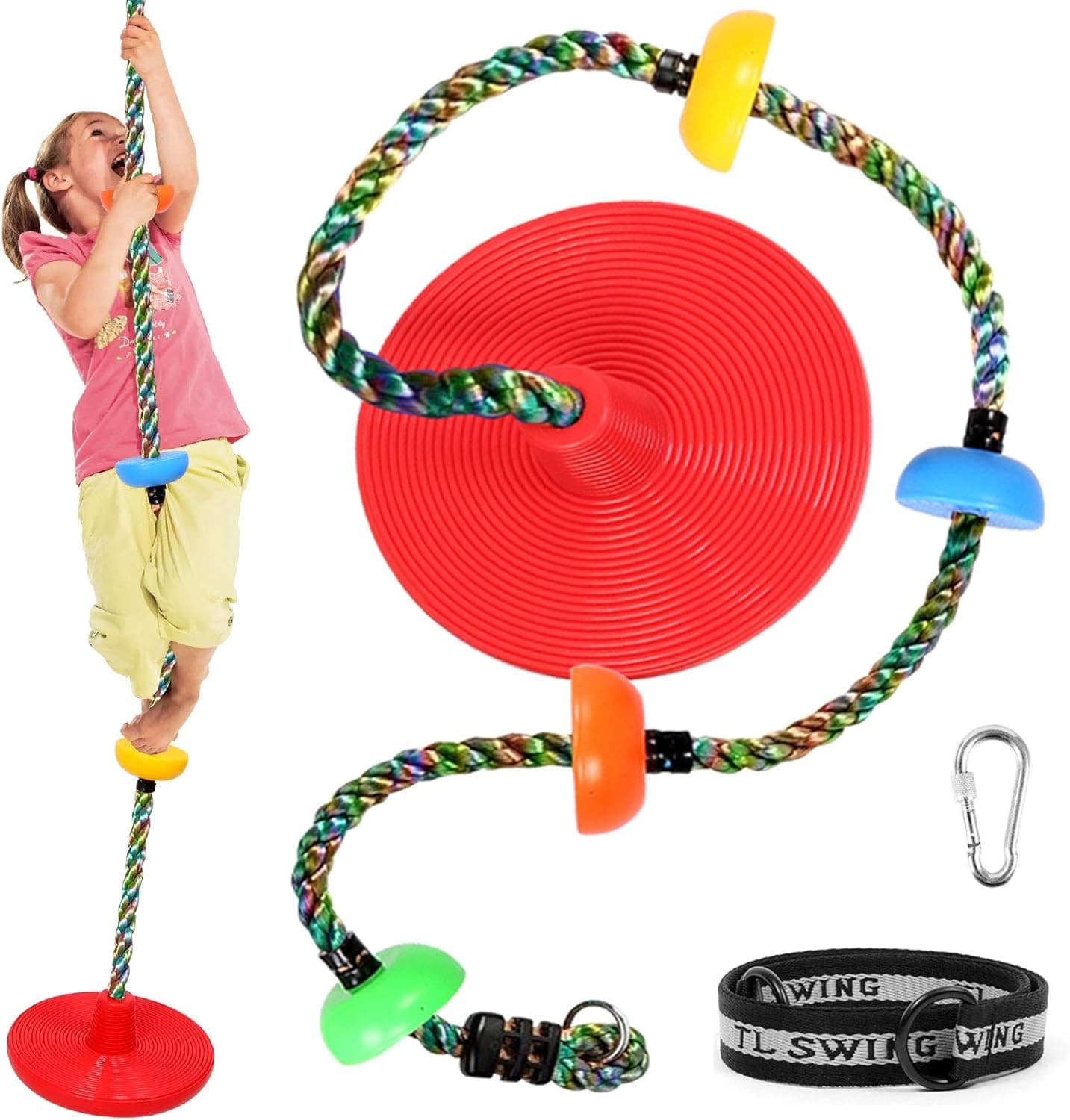Odoland Climbing Rope Tree Platforms Swing - Disc Swings Seat with Tree Strap - Outdoor Backyard Playground Swingset Accessories Kid - Trees House Tire Saucer Swing Outside Playset Toys for Child