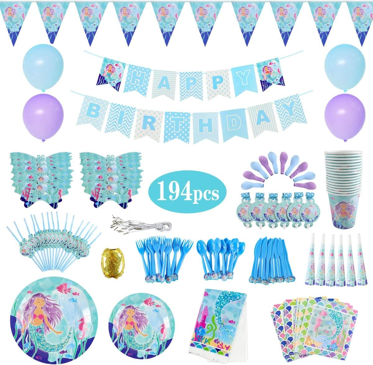 Supplies Kit 194PCS Mermaid Birthday Party Supply Set, Banner Decor, Tablecloths, Tableware,Horn, Eye Mask, Balloons, Ribbon and Napkins Serves 16 Guests for Gatherings
