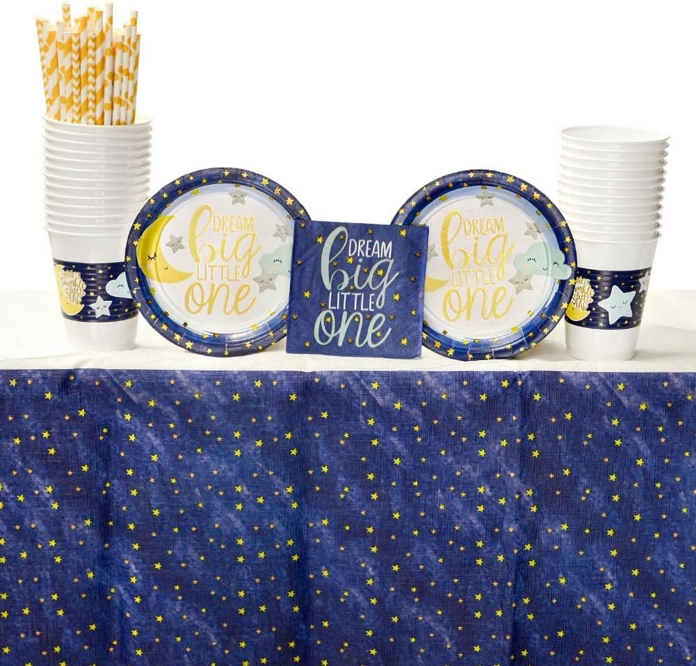 Twinkle Little Star Party Supplies Pack for 16 Guests: Straws, Dessert Plates, Beverage Napkins, Table Cover, and Cups